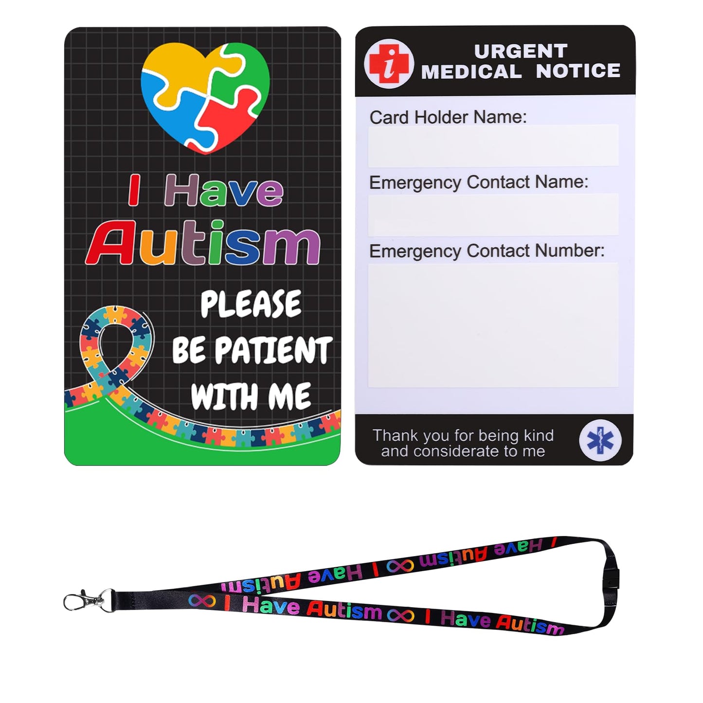 2 Set Autism Alert Card, ADHD Awareness Autistic Emergency Contact Card with Autism Lanyards Waterproof Card Holder Pocket Insert PVC