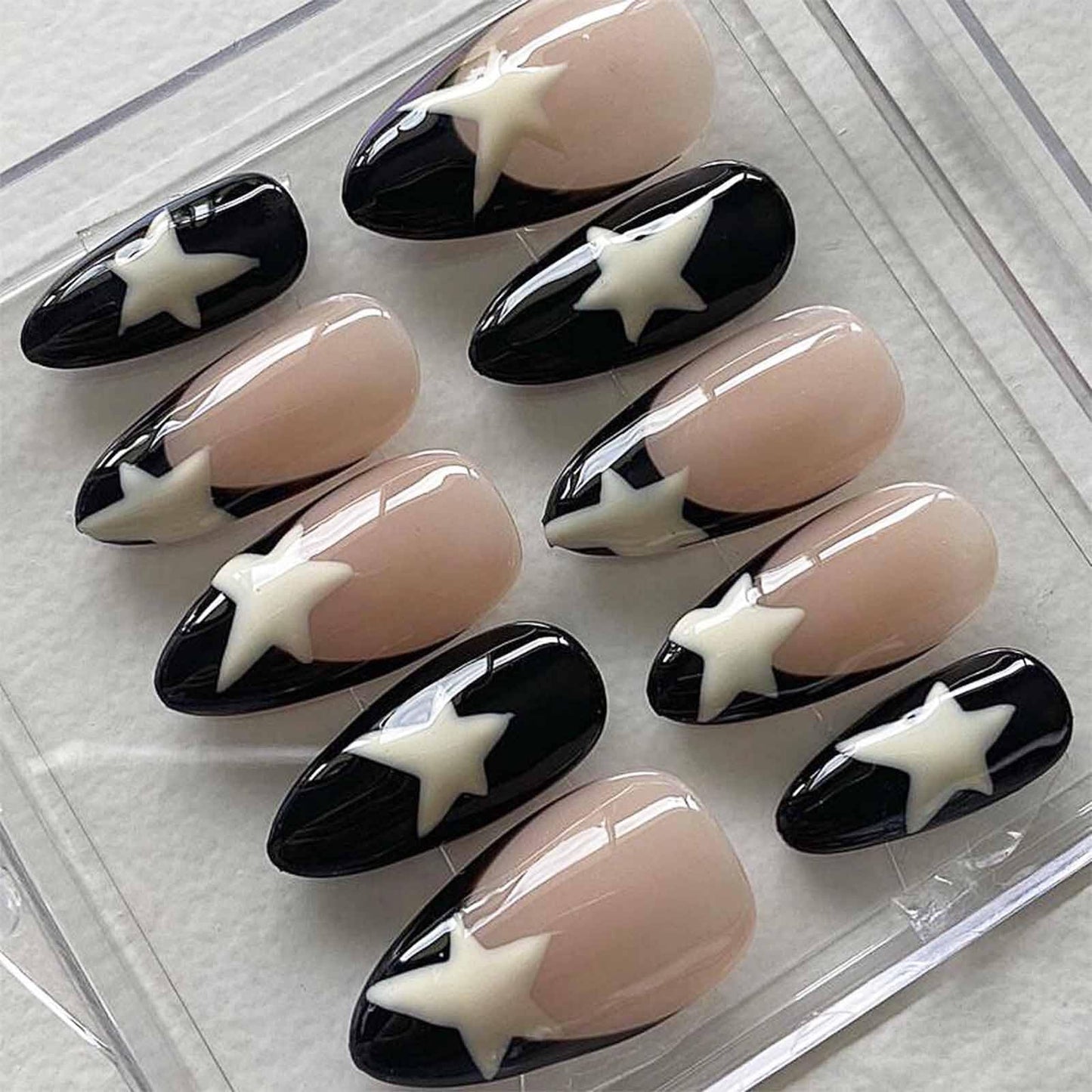 IMSOHOT Medium Almond Press on Nails French Black Fake Nails Stiletto Star False Nails with Designs Y2K Glossy Full Cover Acrylic Glue on Nails for Women 24PCS