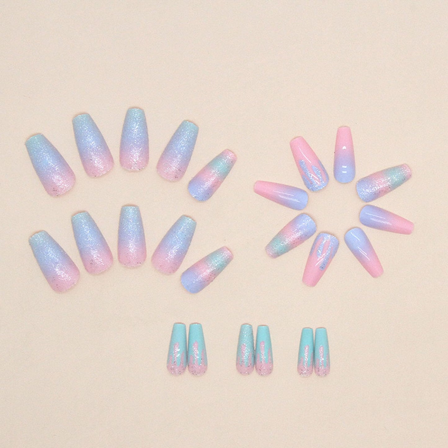 Press on Nails Medium Coffin Fake Nails with Glue Macaron Color Gradient Designs Cute Glue on Nails Medium Length Acrylic Nails Press ons Glitter False Nails for Women 24 Pcs
