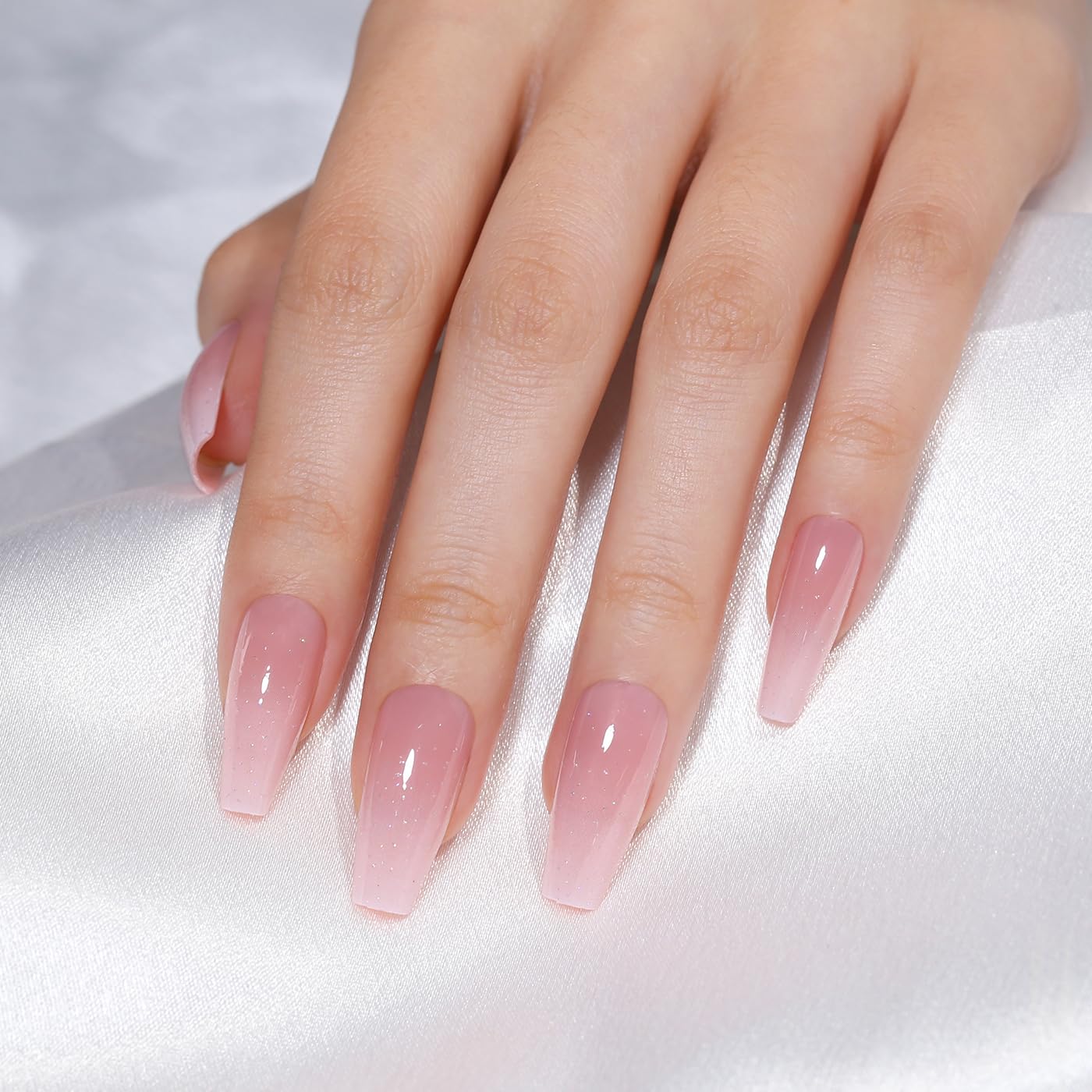 Goolich Pink Ombre Press On Nails Medium Coffin, Pink with Glitter Nails Press ons Set with Adhesive Tabs, 24 Pcs 12 Size Reusable Full Cover Glue on Nails for Women