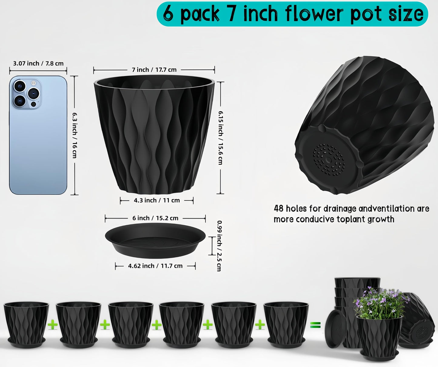 zople 6 Pack 7 Inch Plant Pots with Drainage and Saucers, Black Plastic Flower Pots for Indoor and Outdoor Plants, Stackable Nursery Planters for Houseplants and Herbs, Black