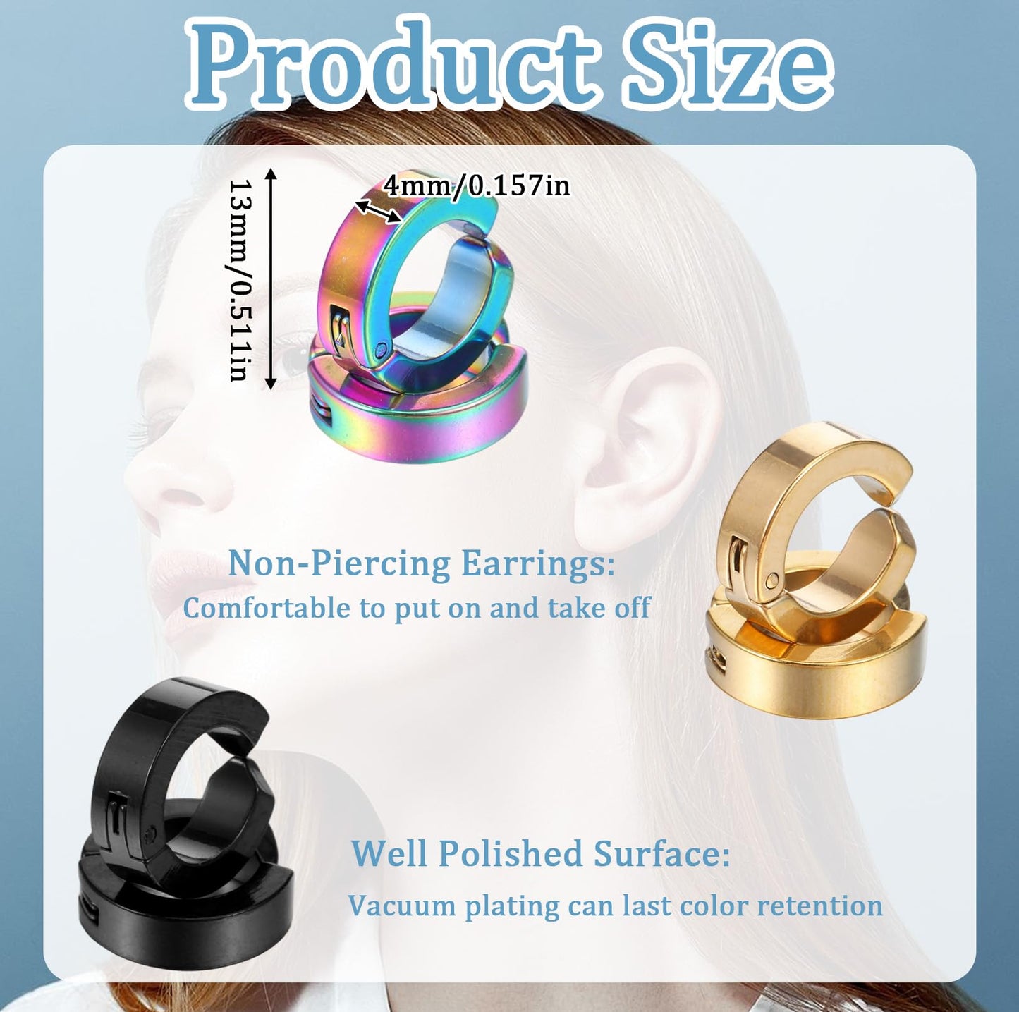 MBAIYO 5 Pairs Clip On Earrings for Men, 5 Color Stainless Steel Fake Ear Hoops