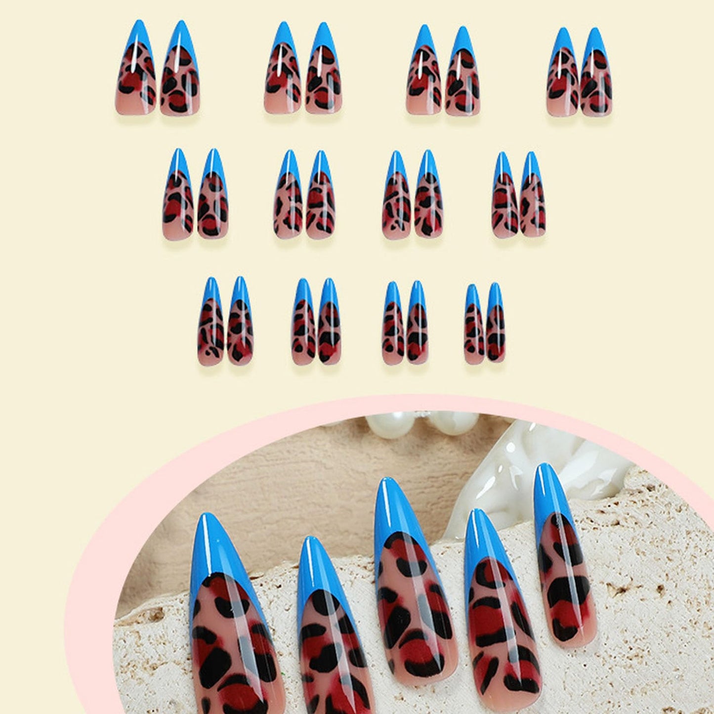 IMRAIN Press on Nails Long Stiletto Fake Nails Brown Leopard Print Acrylic False Nails with Blue French Nail Tips Designs Full Cover Glossy Acrylic Glue on Nails 24Pcs