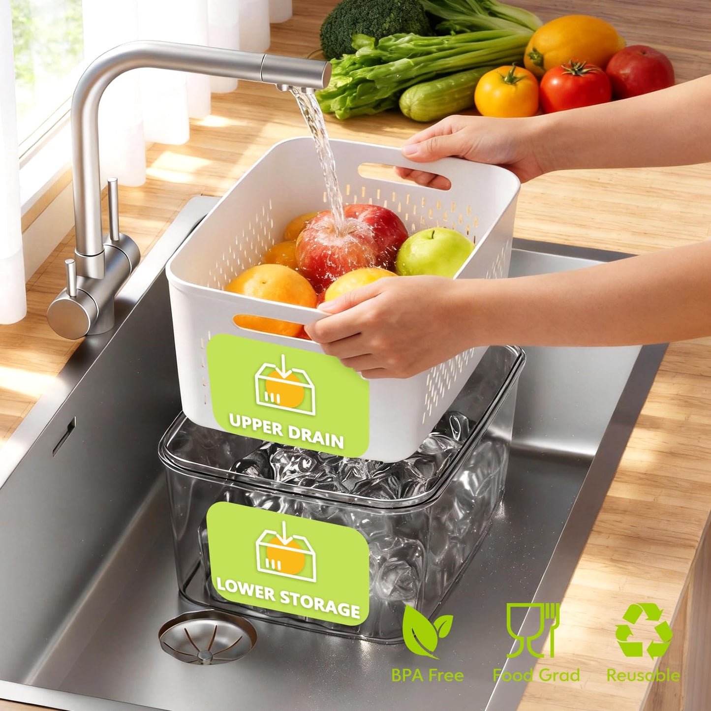HOMETALL 5 Pack Fruit Storage Containers for Fridge, Plastic Fruit Containers for Fridge with Removable Colanders, Leakproof Fridge Organizers and Storage for Berry Vegetable Salad Lettuce Meat Food