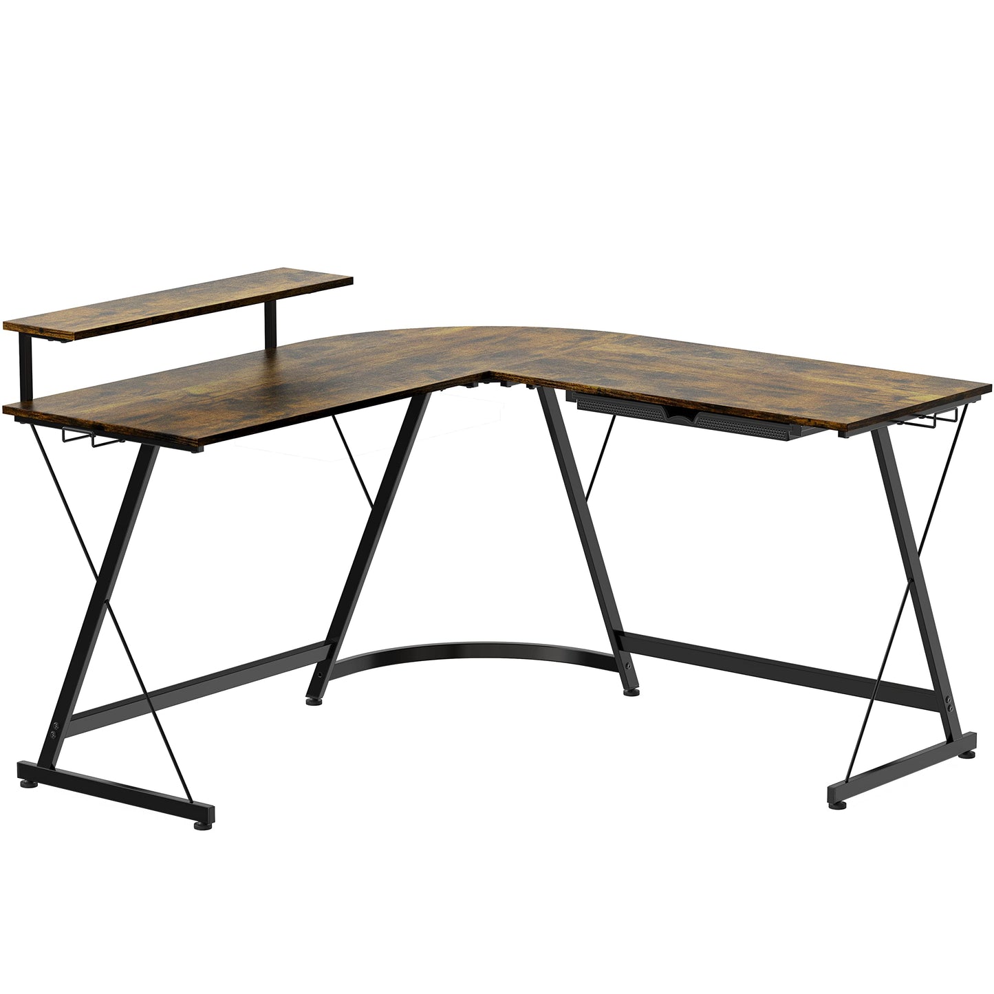 SHW 51 x 51 Inches Vista L-Shaped Desk with Monitor Stand and Drawer, Rustic Brown