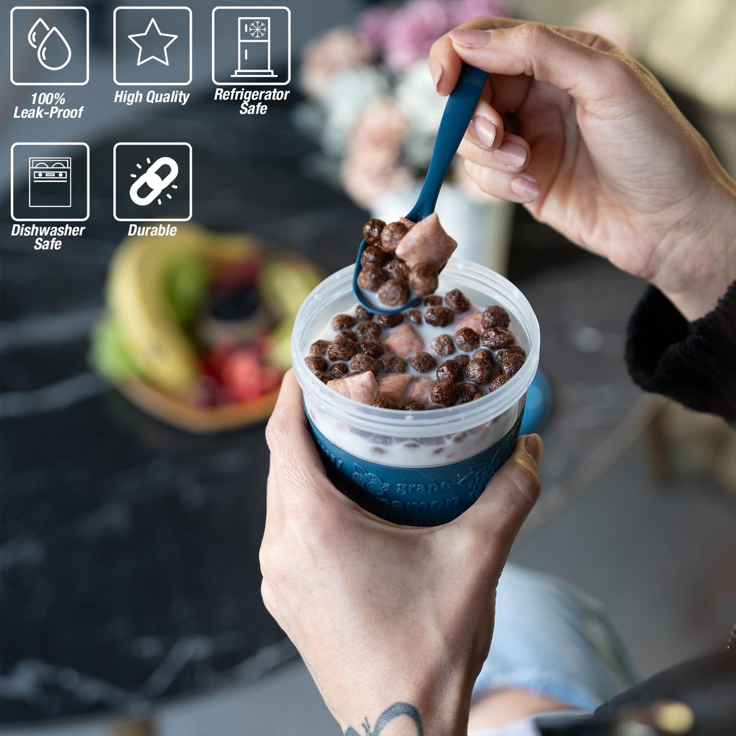 EYNEL 4 Pack Reusable On The Go Yogurt Parfait Cups, Breakfast Plastic Containers with Lids and Spoons, Perfect Jars for Overnight Oats Cereal Granola Oatmeal Smoothies and Snack Prep