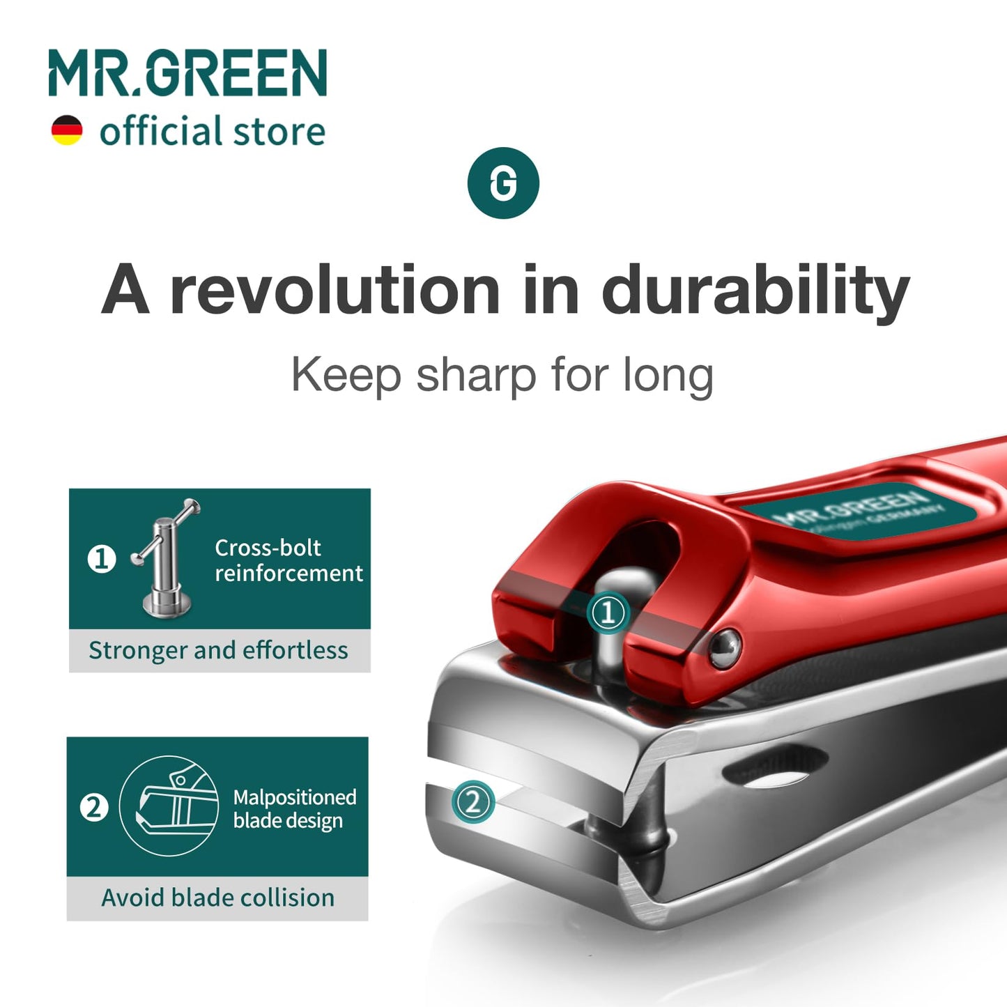 MR.GREEN Nail Clippers Curved Blades Fingernail Cutter Nippers Manicure Scissors Stainless Steel Pedicure Tools with Nail Flies (Medium-Red+Glass File)