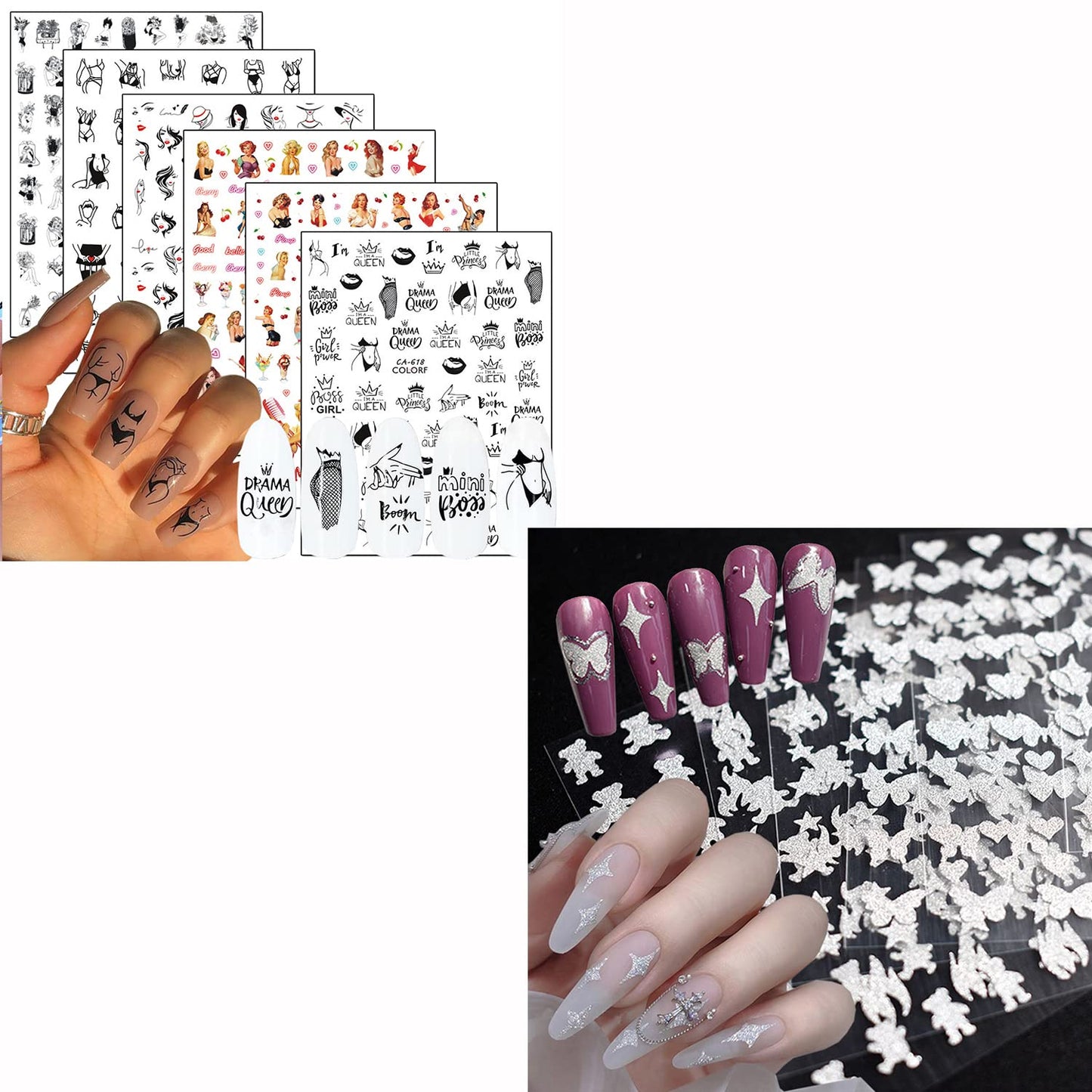 6 Sheets Sexy Girls Nail Stickers and 6 Sheets Silver Nail Stickers