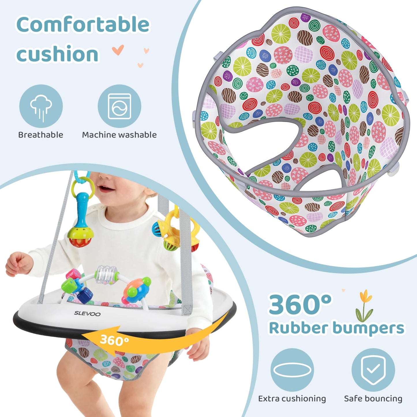 Slevoo Baby Jumper, Baby Door Jumper with Bumper, Play Tray and Two Jingle Rattles, Joyful Bubbles