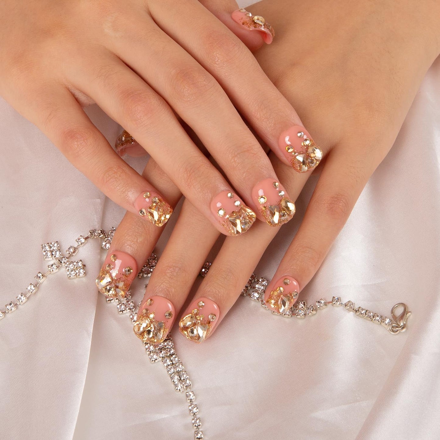 LOVFUL Press on Nails Stardust Gold Rhinestone | Handmade with Full Covered Crystals | Reusable Fake Nails | Square Short 0.8 in | H84-S