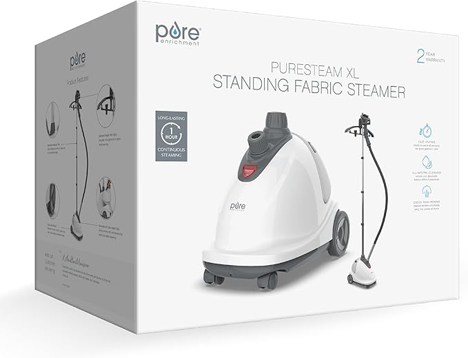 Pure Enrichment PureSteam XL Standing Fabric Steamer - Professional Wrinkle Remover Heats in 45 Seconds; 1/2-Gallon Tank for 1 Hour of Steaming; Easy-Roll Wheels, Garment Hanger, & Fabric Brush