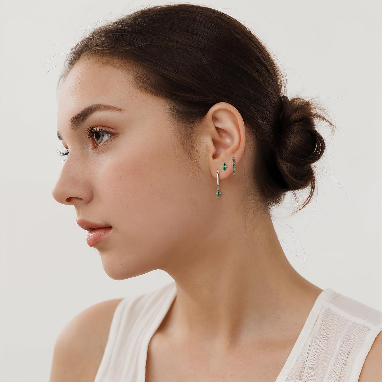 Sterling Silver Hoop Earrings Set for Women, Dainty Green Huggie Dangle Earring, Small Hypoallergenic Silver Earring Stacks for Multiple Piercing, Emerald Green Earring for Women Trendy
