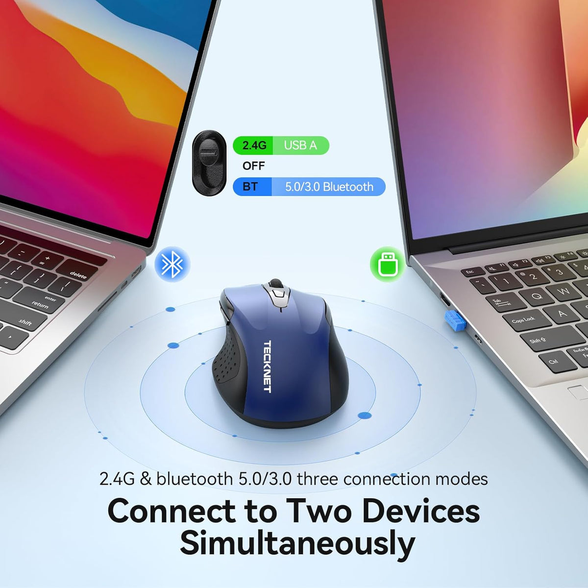TECKNET Rechargeable Jiggler Wireless Mouse (BT5.0/3.0 & 2.4G) 4800 DPI Silent USB A & Bluetooth Mouse 6 Buttons, Wide Compatibility - Blue