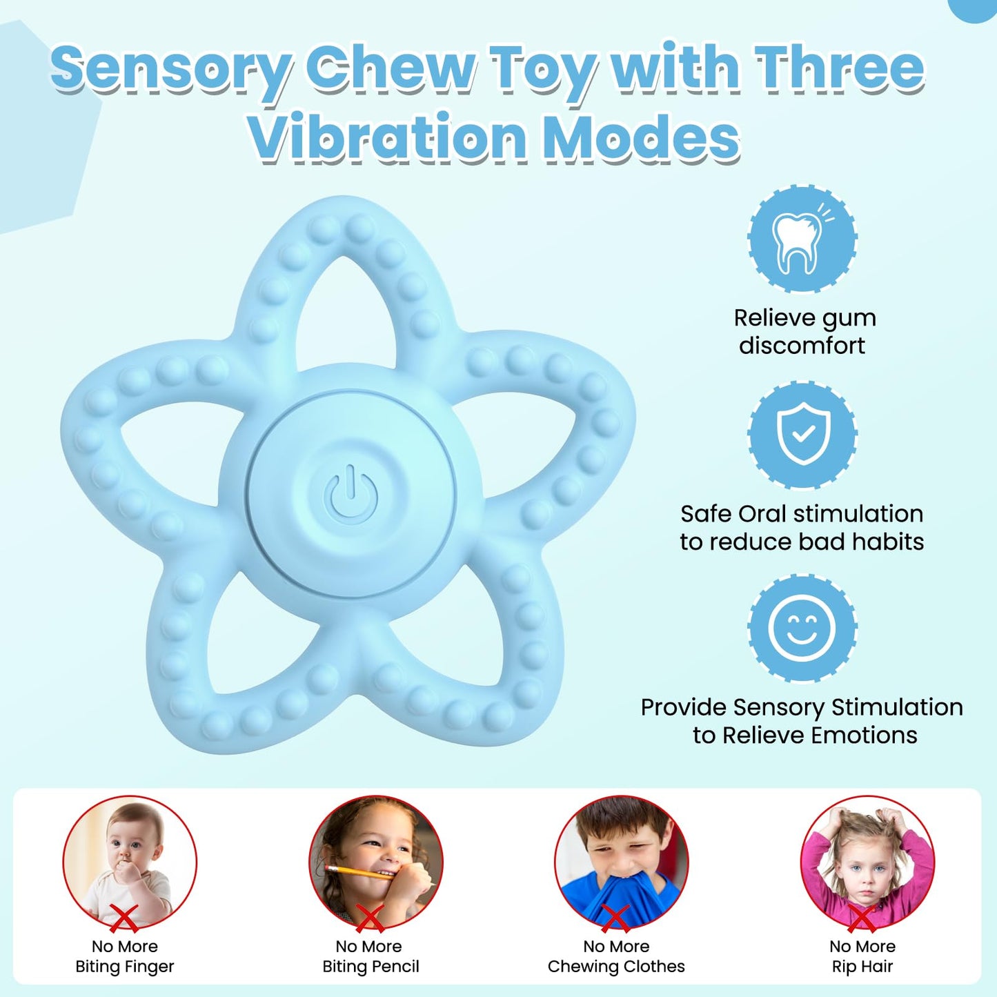Vibrating Sensory Chew Toy - Dual Use Teethers for Babies 3-6 Months/6-18 Months & Autism Chew Toys, Baby Teething Toys with 3 Vibration Modes, Sensory Toys for Kids with Autism (Blue)