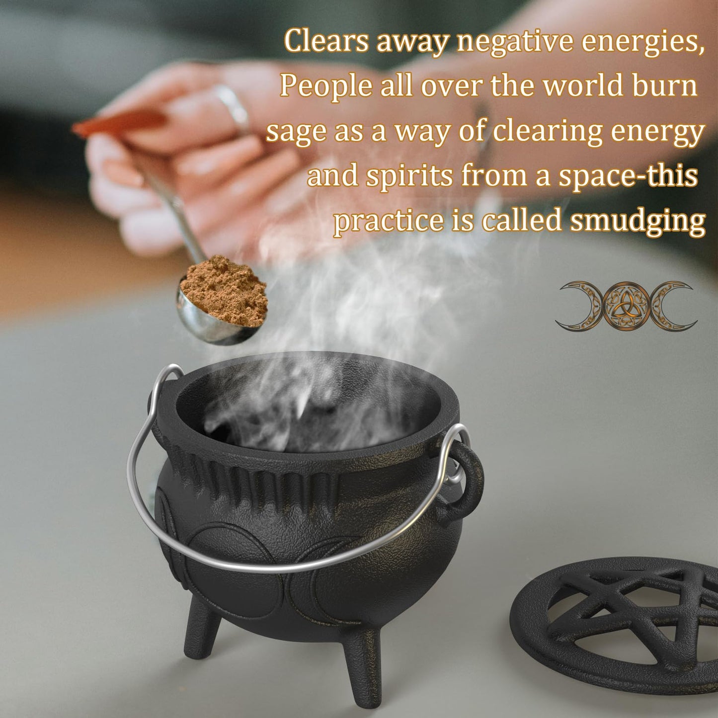 Cast Iron Cauldron with Lid & Handle, Small Triple Moon Cast Iron Cauldron Pot, Incense Burner Witchcraft Ideal for Cooking, Smudging, Ritual Purpose, Sage, Halloween Decoration