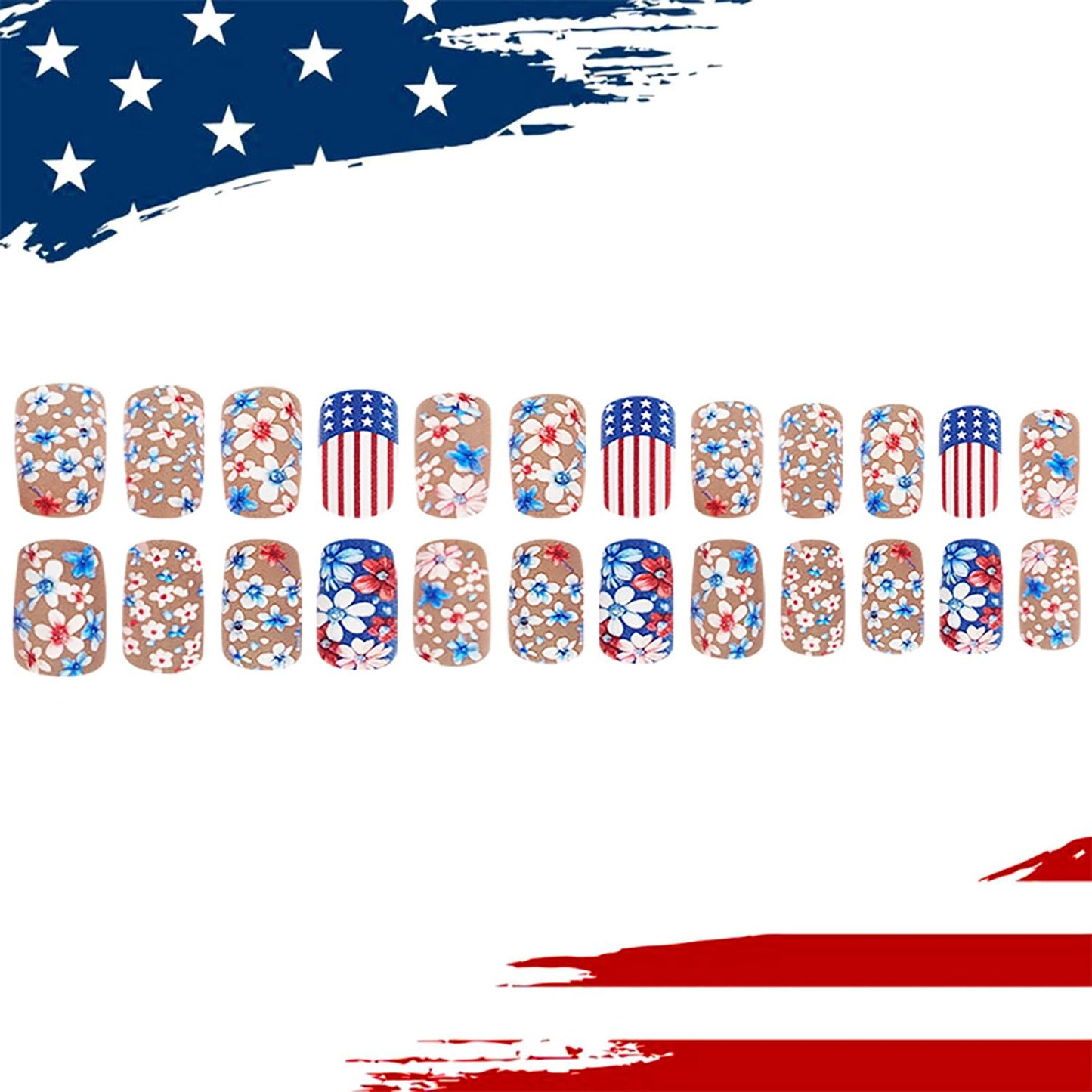 24Pcs Independence Day Press on Nails Medium Square Flower Red White Stripes Pattern Design Matte False Nails 4th of July Patriotic Artificial Nail Full Cover Holiday Manicure Glue on Nail for Women