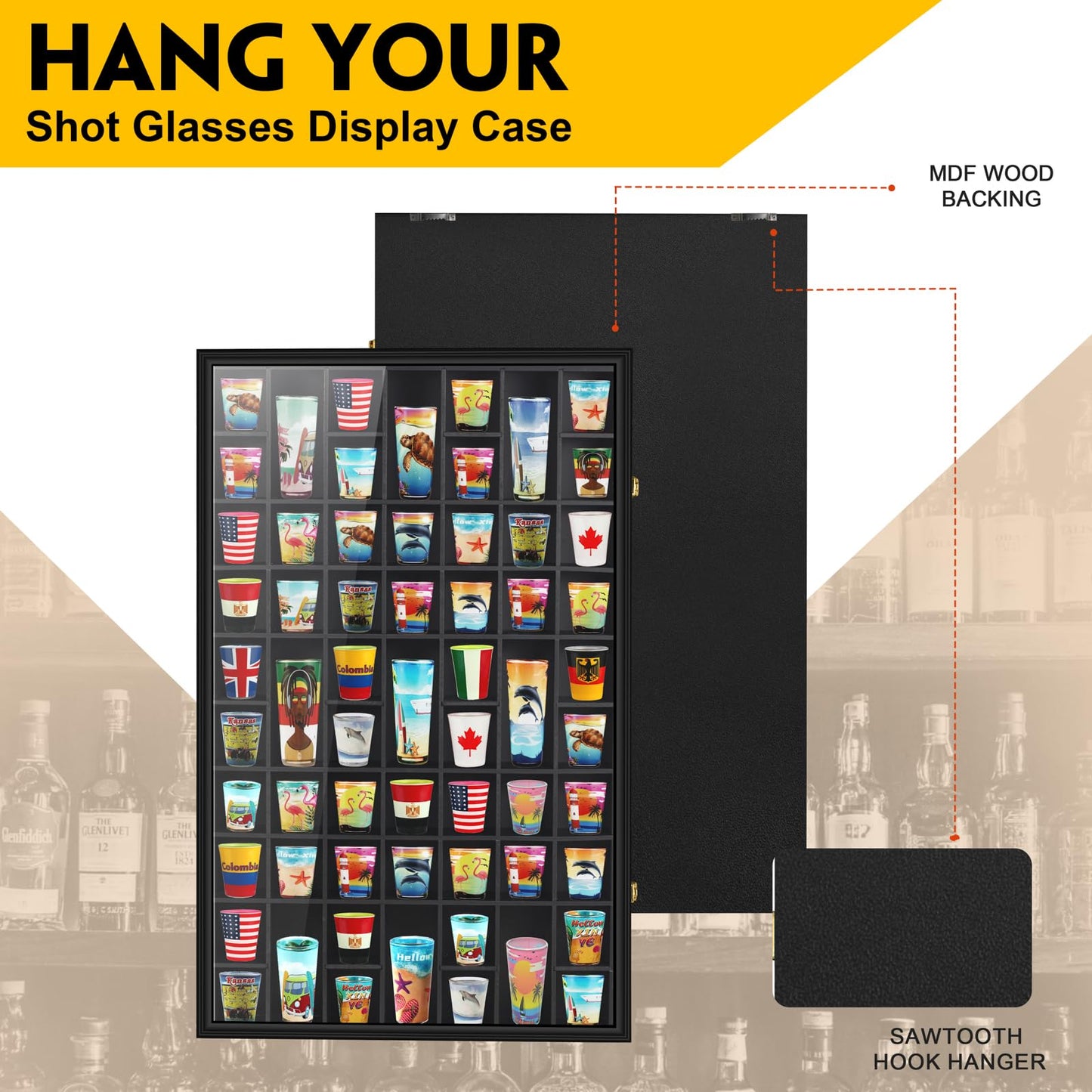 Black Shot Glass Display Case Large 61 Slots Glass Display Holder Wall Mounted Storage Shadow Box with UV Protection Acrylic Glass Door for Room Decor