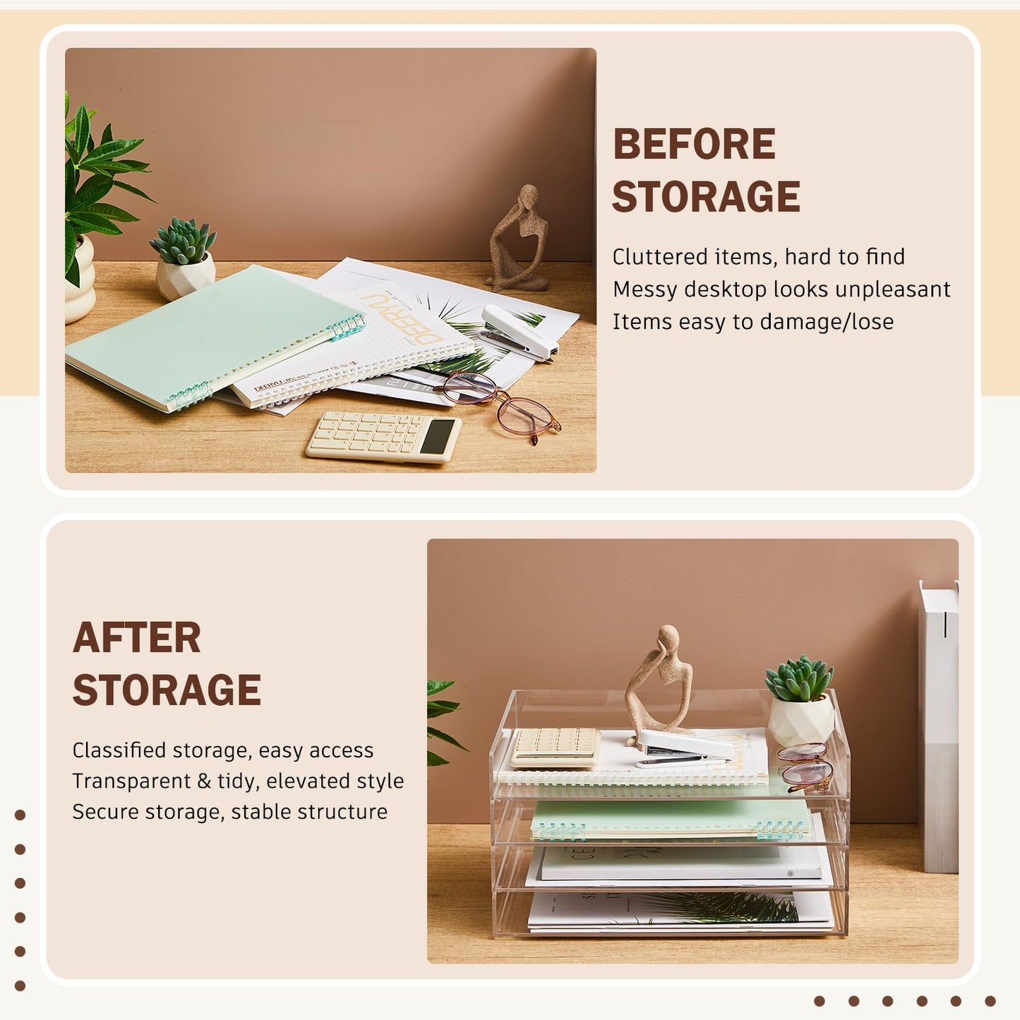 Harloon 4 Tier Acrylic Paper Tray, 13 x 10 x 1.7 Inches, Heavy Duty Stackable Organizer for A4/letter Paper, No Assembly Required, Transparent Acrylic File Storage for Office Workspace Desktop Storage