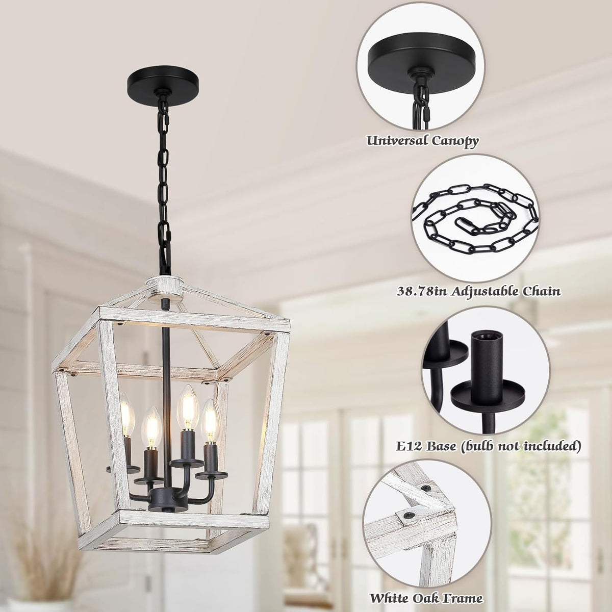 4 Light Rustic Chandelier, Farmhouse Lantern Fixture with Brushed White Oak Cage and Adjustable Chain, E12 Base Geometric Hanging Light Fixture Ceiling lighting for Entryway Kitchen Island, Indoor Use