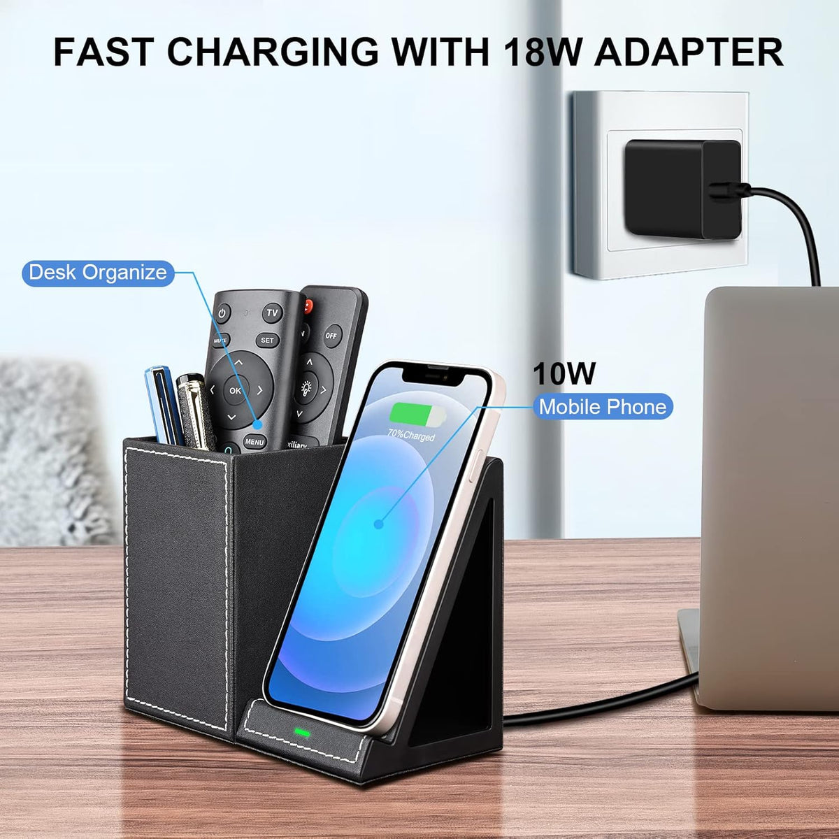 Wireless Charger with Desk Organizer, Wireless Charging Station for iPhone 13/13 Pro Max/13 Pro/12 Series/11/XS Max/XR/X/8Plus/SE 2, Wireless Charging Stand with Leather… (Black S)