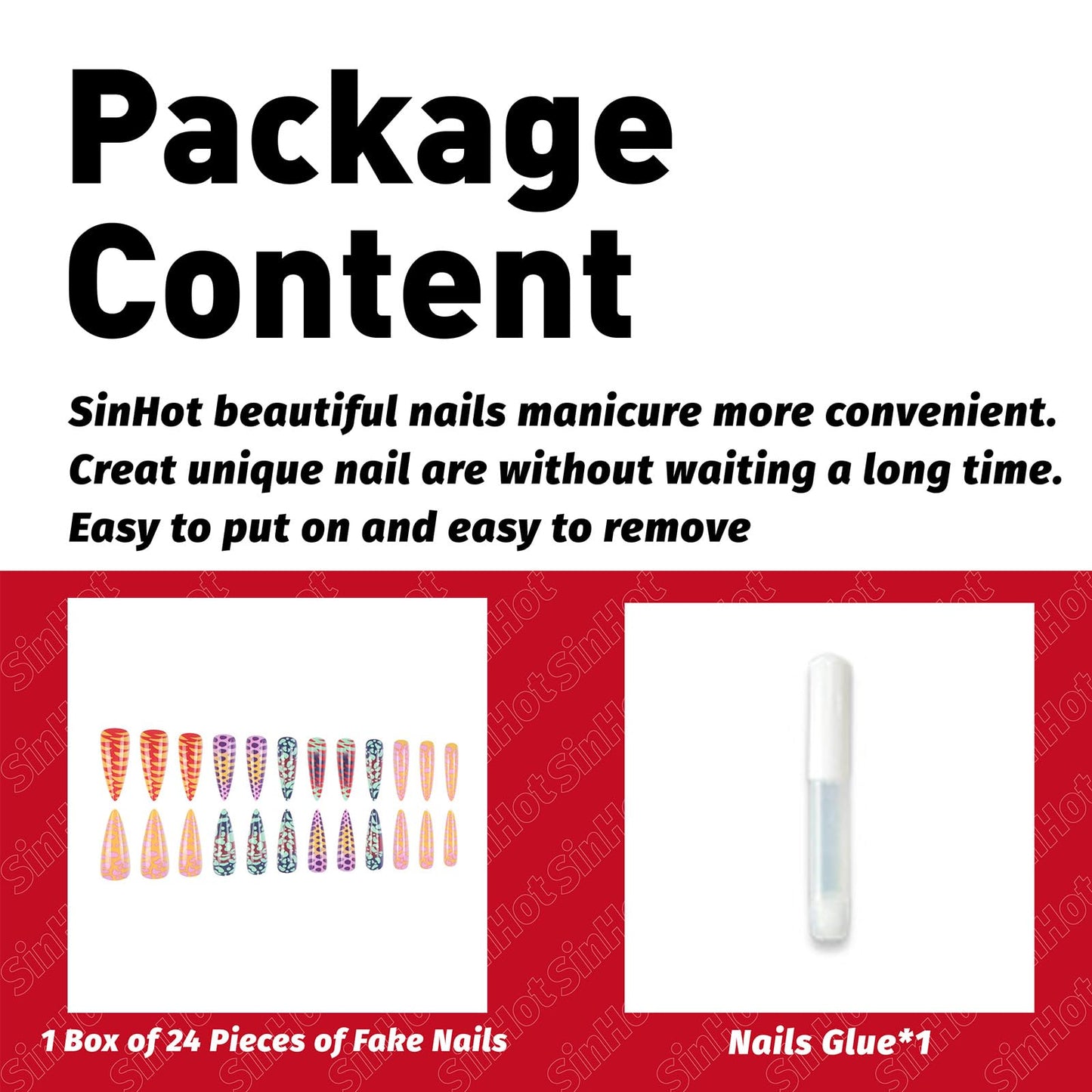 SINHOT Stiletto Press on Nails - Long Fake Nails, Glossy Finish, Colorful Ombre & Abstract Graffiti, DIY Artificial False Nail Art - 24 Pcs Nail Kit with Glue
