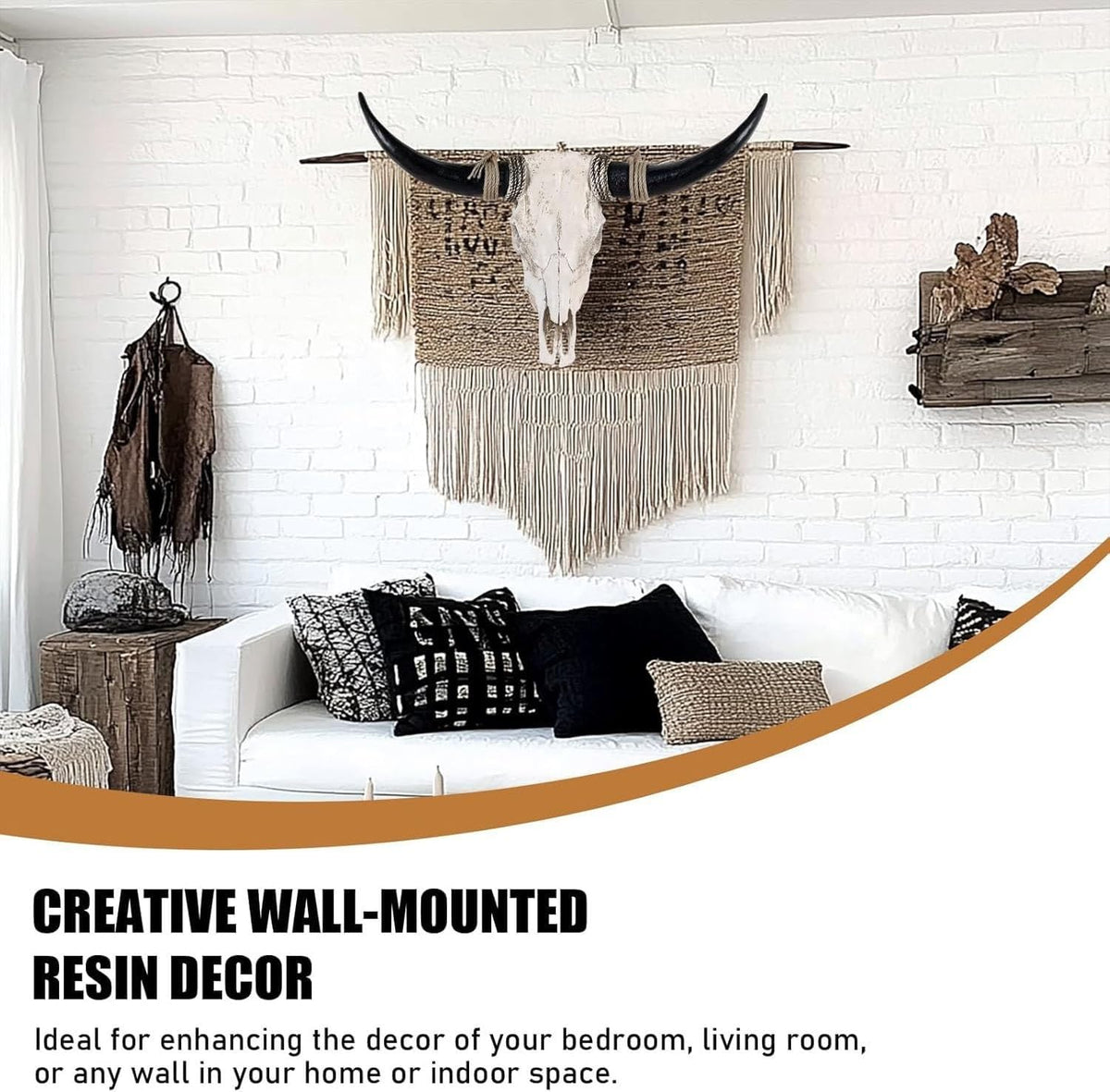 XOUXYJUN 31inch Cow Skull Wall Decor, Long Horn Wall Hanging Decor,Wall Hanging Faux Longhorn Skull Faux Taxidermy Animal Head, Handmade Decor Home Sculpture Faux Bull Horns for Wall (Black)