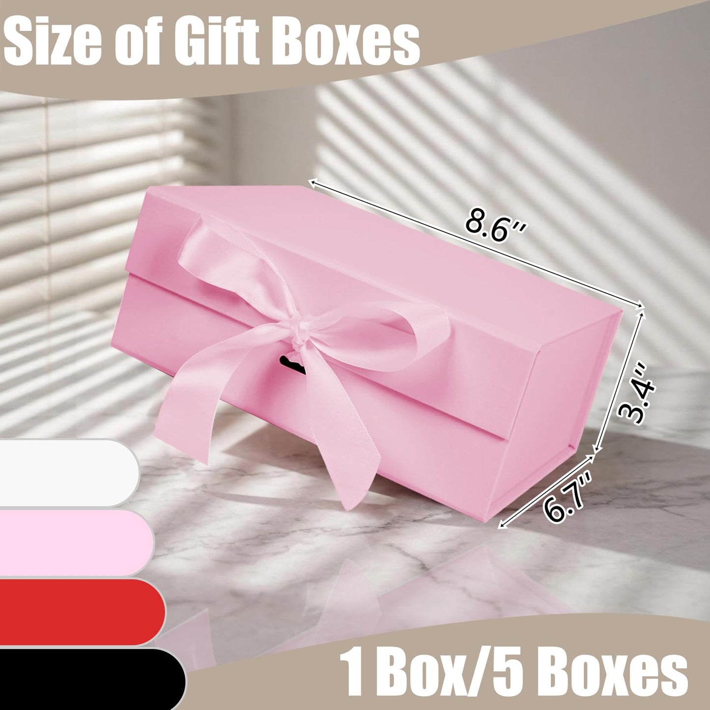 Aimyoo 5 Pack Pink Gift Box with Ribbon, 8.6x6.7x3.4 inch Groomsman Proposal Box for Presents with Magnetic Closure Lids, Rectangle Collapsible Luxury Box for Wedding, Christmas, Halloween, Birthday