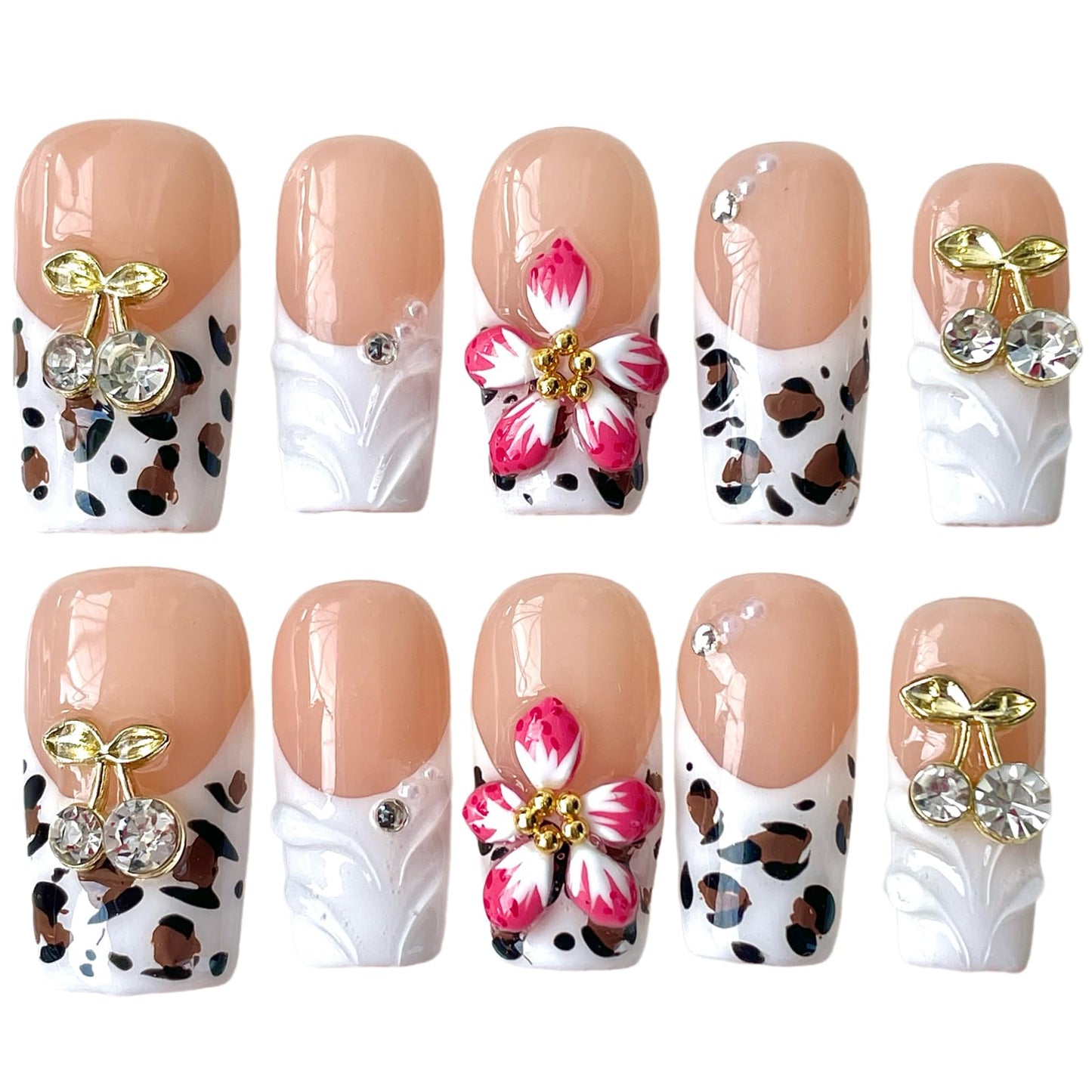 Handmade Press On Nails, 3D Velvet Floral Short/Medium Length Square White French Tips, Leopard Cherry Design, Reusable Acrylic False Nails (Velvet Jungle, L)