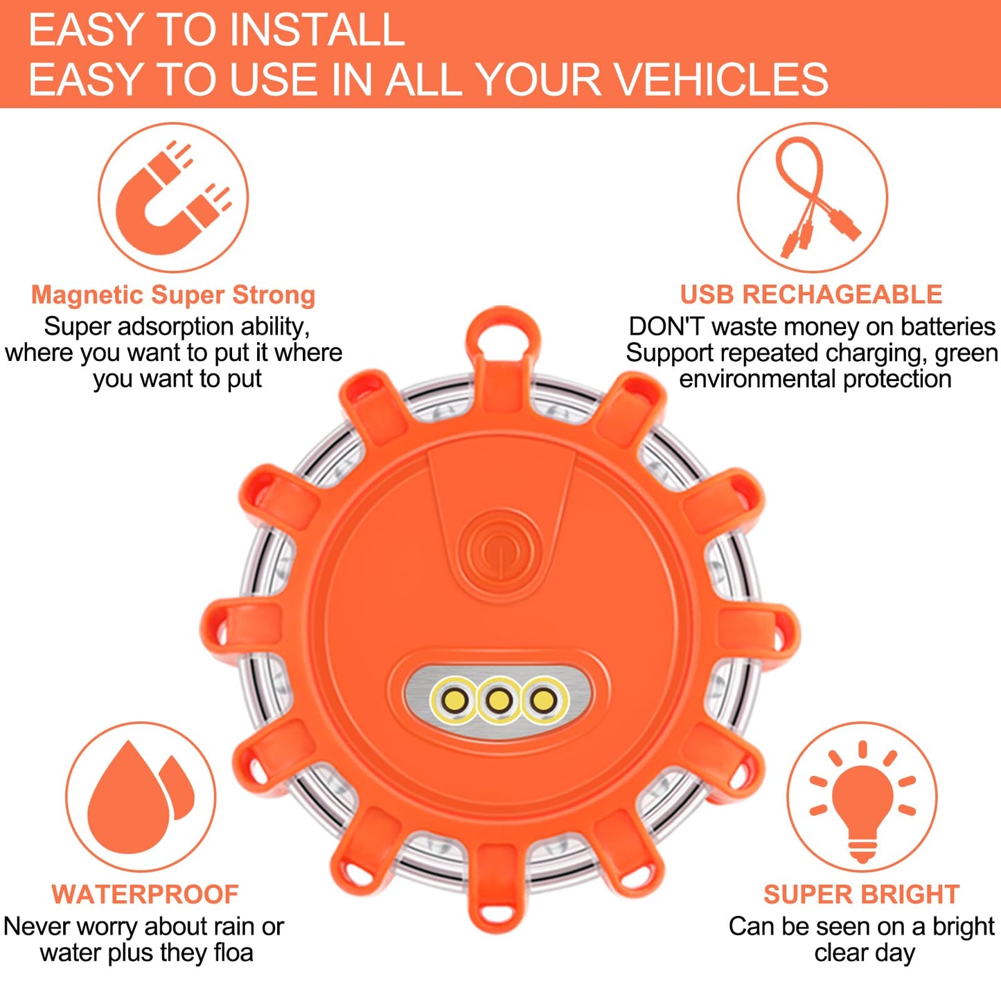 VANCLE USB C Rechargeable LED Road Flares Emergency Lights Roadside Warning Car Traffic Safety Beacon Flashing Disc Flare Kit Strobe with Magnetic Base for Construction Vehicles Truck Boat, 3 Pack