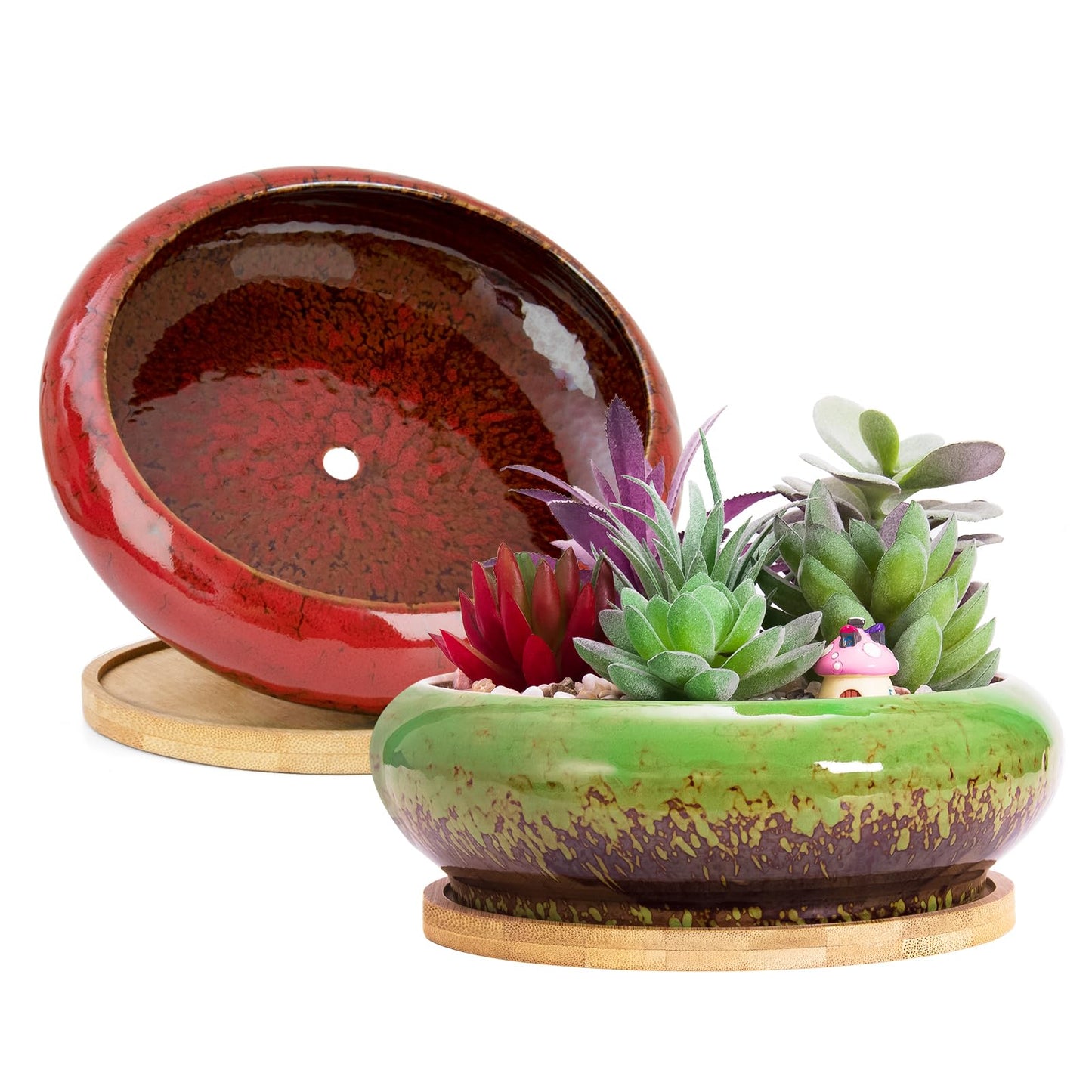 ARTKETTY Succulent Pots - 2 PCS Large Bonsai Pots with Drainage Tray, 7.3 Inch Shallow Planters for Indoor Plants Ceramic Cactus Plant Container Bowl for Home Office Desk