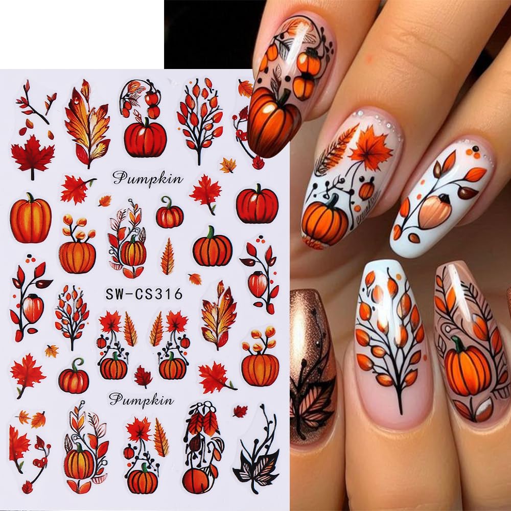 Fall Thanksgiving Nail Art Stickers 3D Self-Adhesive Nail Decals Maple Leaves Pumpkin Designs Nail Decorations Autumn DIY Manicure Supplies for Women Girls 4Pcs