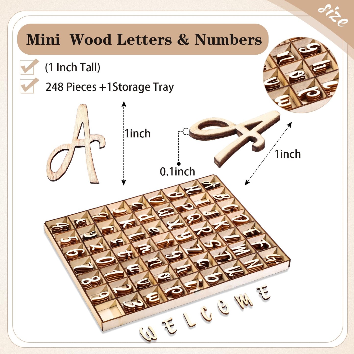 Geelin 248 Pcs 1 Inch Wood Alphabet Letters Numbers with Storage Box Blank Unfinished Wooden Letters Numbers with Rustic Storage Tray for Spelling Learning Education DIY Crafts
