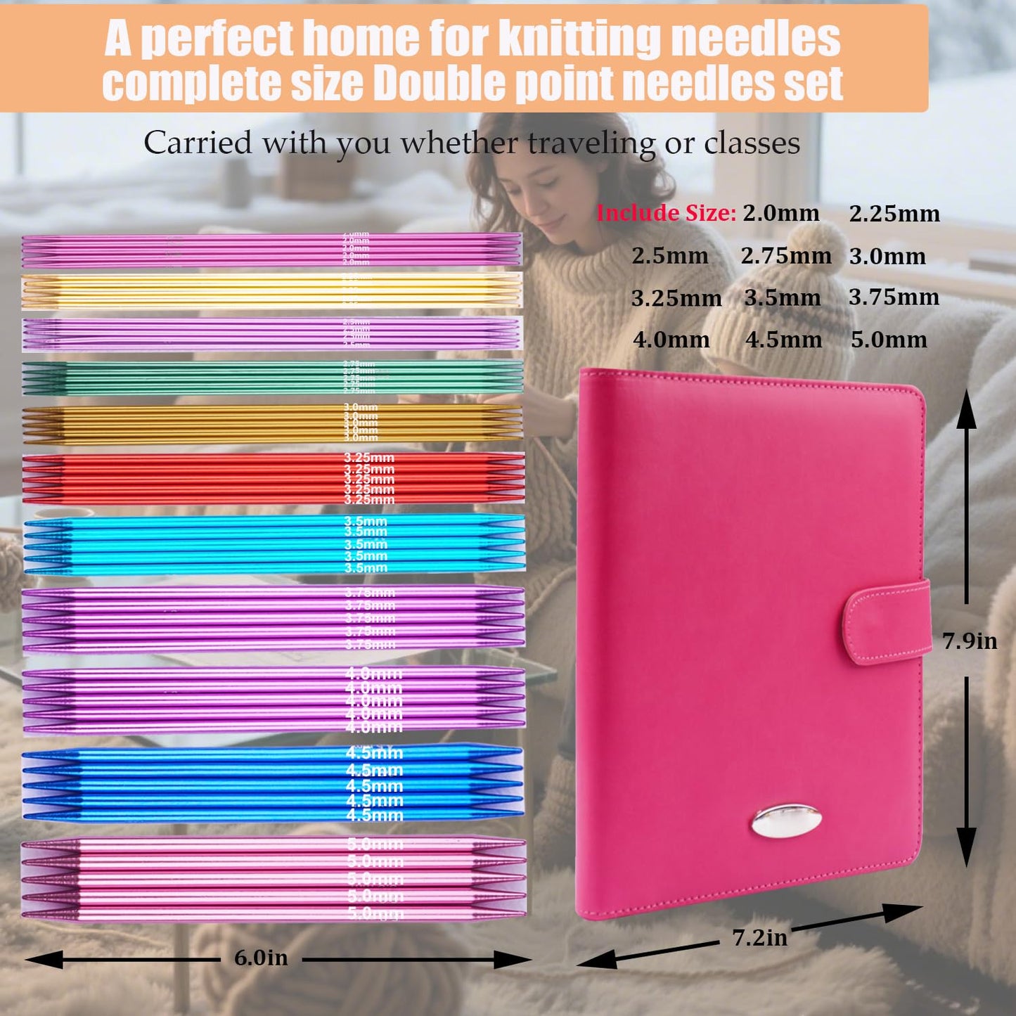 Mdoker 55pcs Double Point Knitting Needles Set Aluminum Knitting Needle 11 Size 2.0mm-5.0mm,6-inch Length Knitting Kits for Handmade Creative DIY Knitting Yarn Projects(Red)