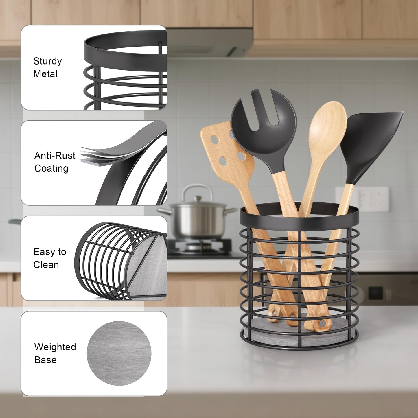 DTONIMA Utensil holder - Large Round Utensils Holder with Diatomaceous Base Matte Black Cooking Utensil Holder,Kitchen countertop Utensil Organizer (Metal)