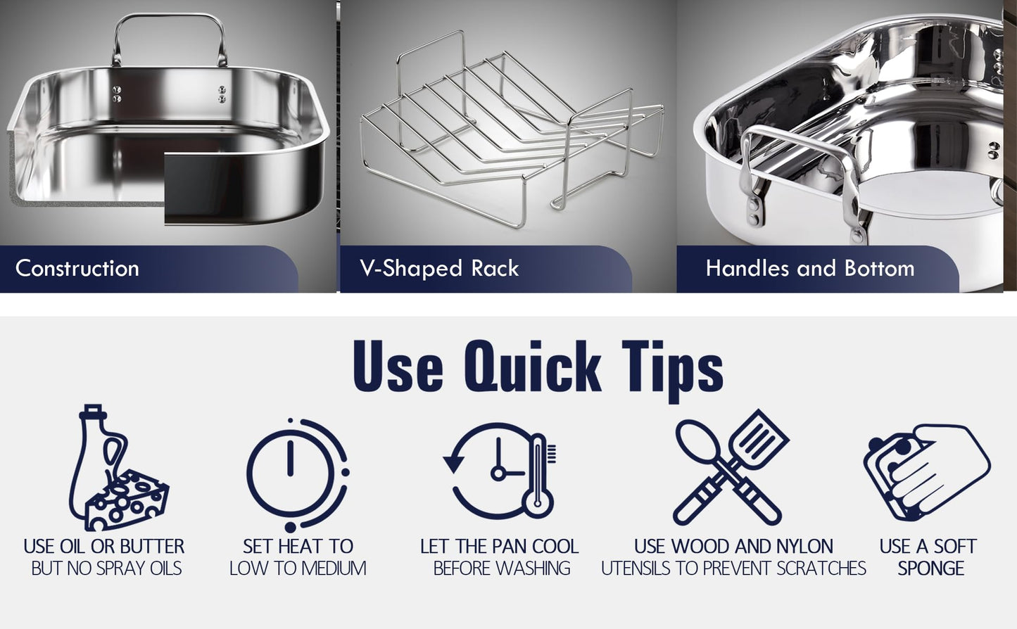 Cooks Standard Stainless Steel Roaster Pan with V-Shaped Rack, Inner 16-Inch x 13-Inch; Edge 17-Inch x 14-Inch; Turkey Roasting Pan Bakeware for Oven, Rectangular