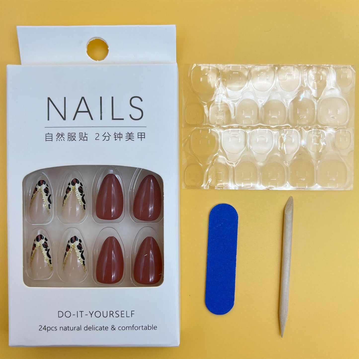 CLYHLTMZ Short Almond French Tips Press on Nails Gold Glitter Striped False Nails with Leopard Print Designs Brown Full Cover Glue on Nails Removable Acrylic Stick on Nails For Women 24 Pcs