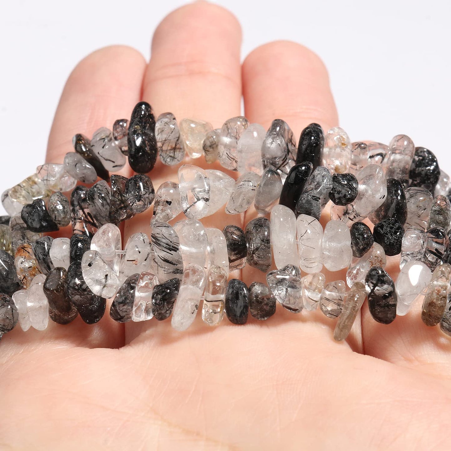 30in Black Rutilated Quartz Natural Chip Stone Beads 5-8mm About 230pcs, Irregular Drilled Transparent Black Bead for Bracelets Jewelry Making Supplies for Adults, DIY Crafts.