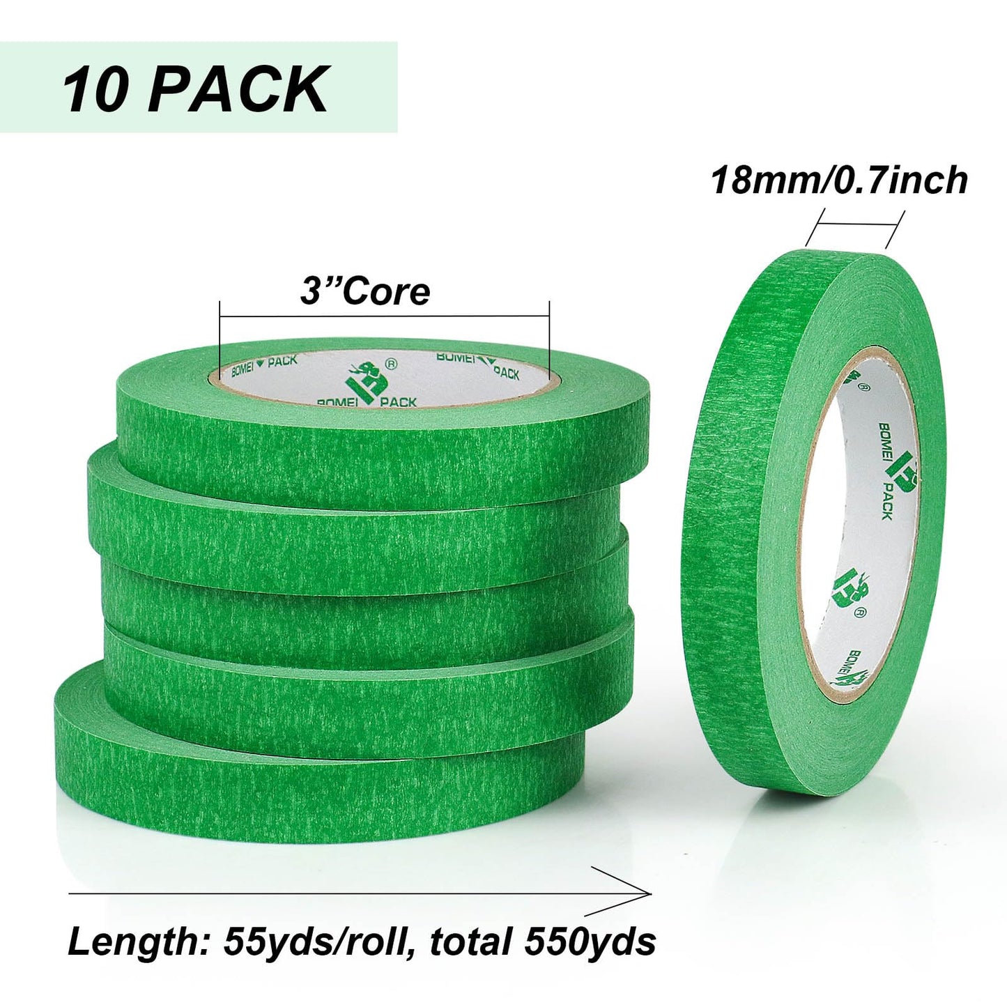 BOMEI PACK 10Rolls Green Painters Tape, General Purpose Green Masking Tape 0.75inch x 55yds, for Painting,Labeling,DIY Crafting,Decoration and School Projects, Total 550yds