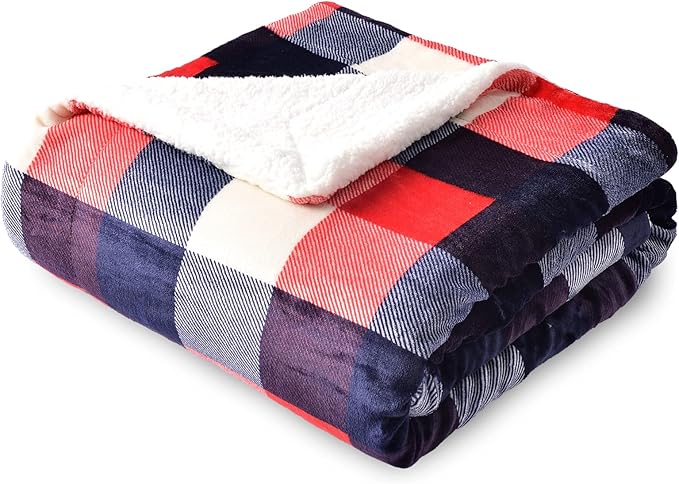 SOCHOW Buffalo Plaid Sherpa Fleece Throw Blanket, Double-Sided Checkered Super Soft Luxurious Bedding Blanket 50 x 60 inches, Red/Blue