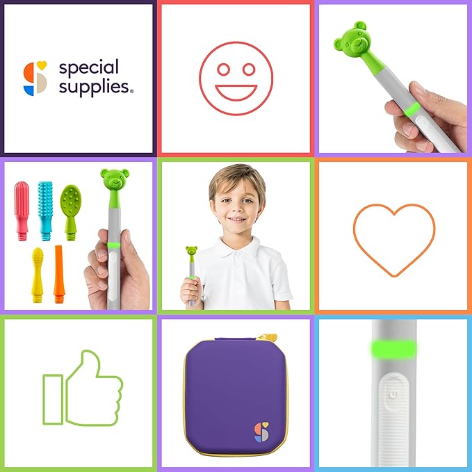 Special Supplies Buzz Buddy Oral Motor Stimulation kit with 6 Soft Textured Interchangeable Heads, Calm Sensory Needs, Support Speech, and Stimulate Self Feeding, Gentle Vibrations (Grey)