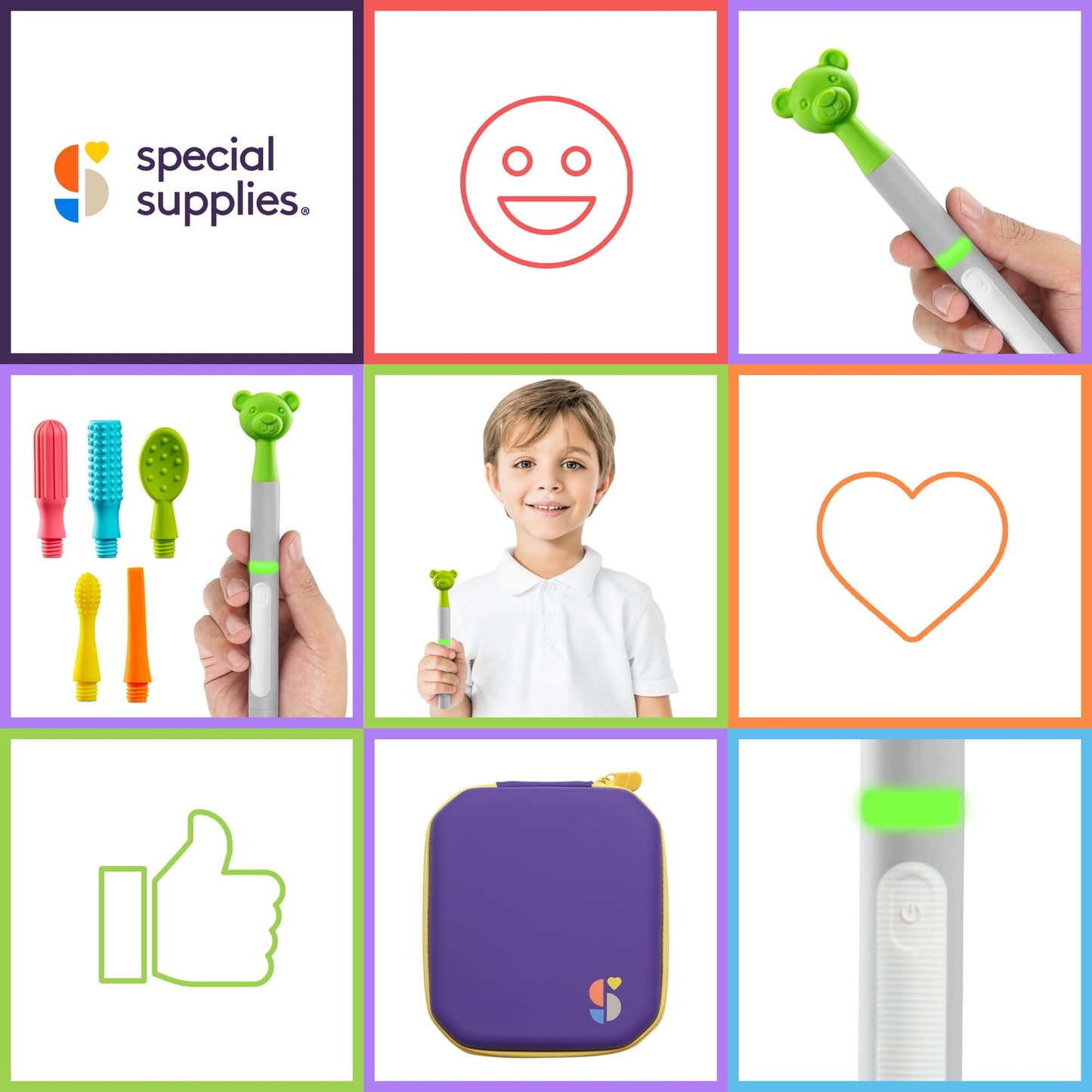 Special Supplies Buzz Buddy Oral Motor Stimulation kit with 6 Soft Textured Interchangeable Heads, Calm Sensory Needs, Support Speech, and Stimulate Self Feeding, Gentle Vibrations (Grey)