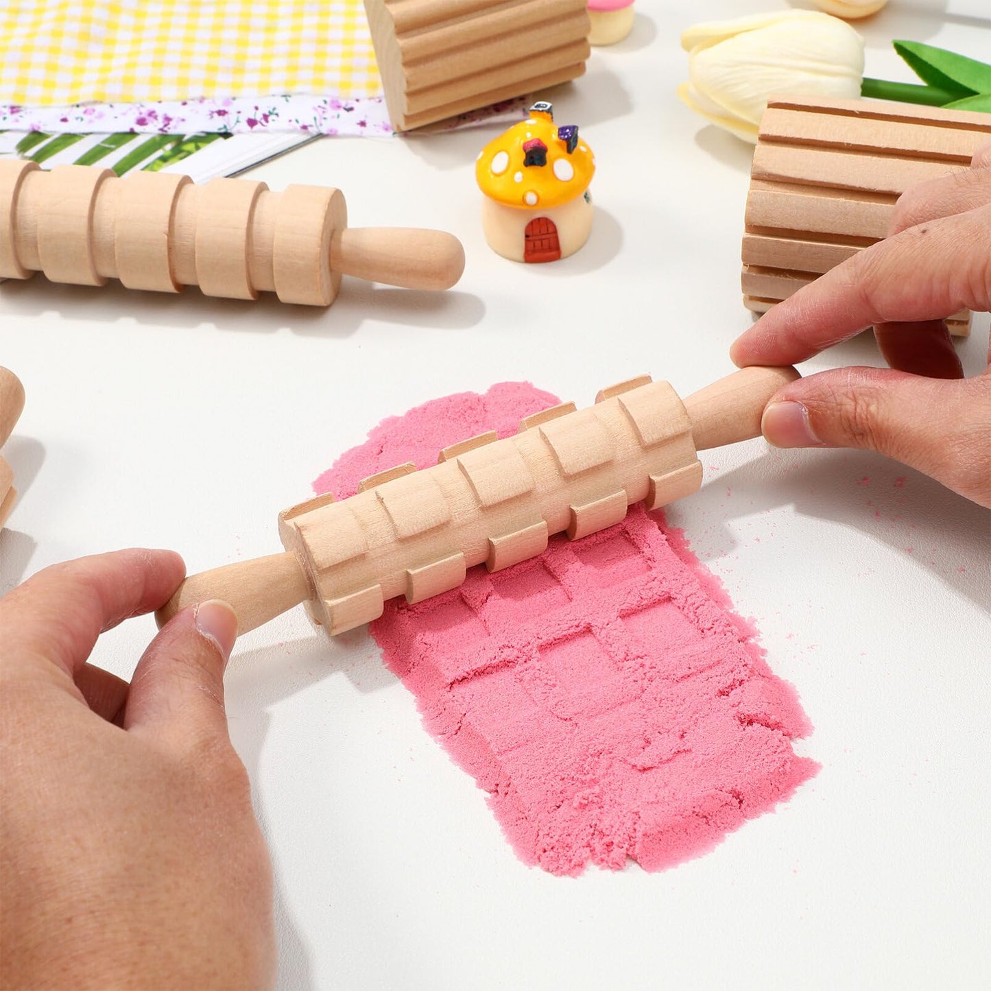 NUOBESTY Wooden Clay Tools Kids Wood Stamps Hand Rollers Plasticine Tools Pottery Molding Clay Accessories for Art DIY Crafts Activities 12pcs