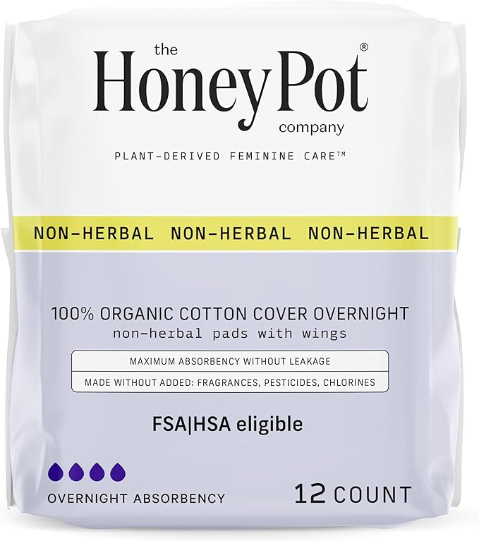 The Honey Pot Company - Sanitary Pads for Women - Non-Herbal Overnight w/Wings - Organic Cotton Cover, & Ultra-Absorbent Pulp Core - Feminine Care - FSA & HSA Eligible - 12 ct