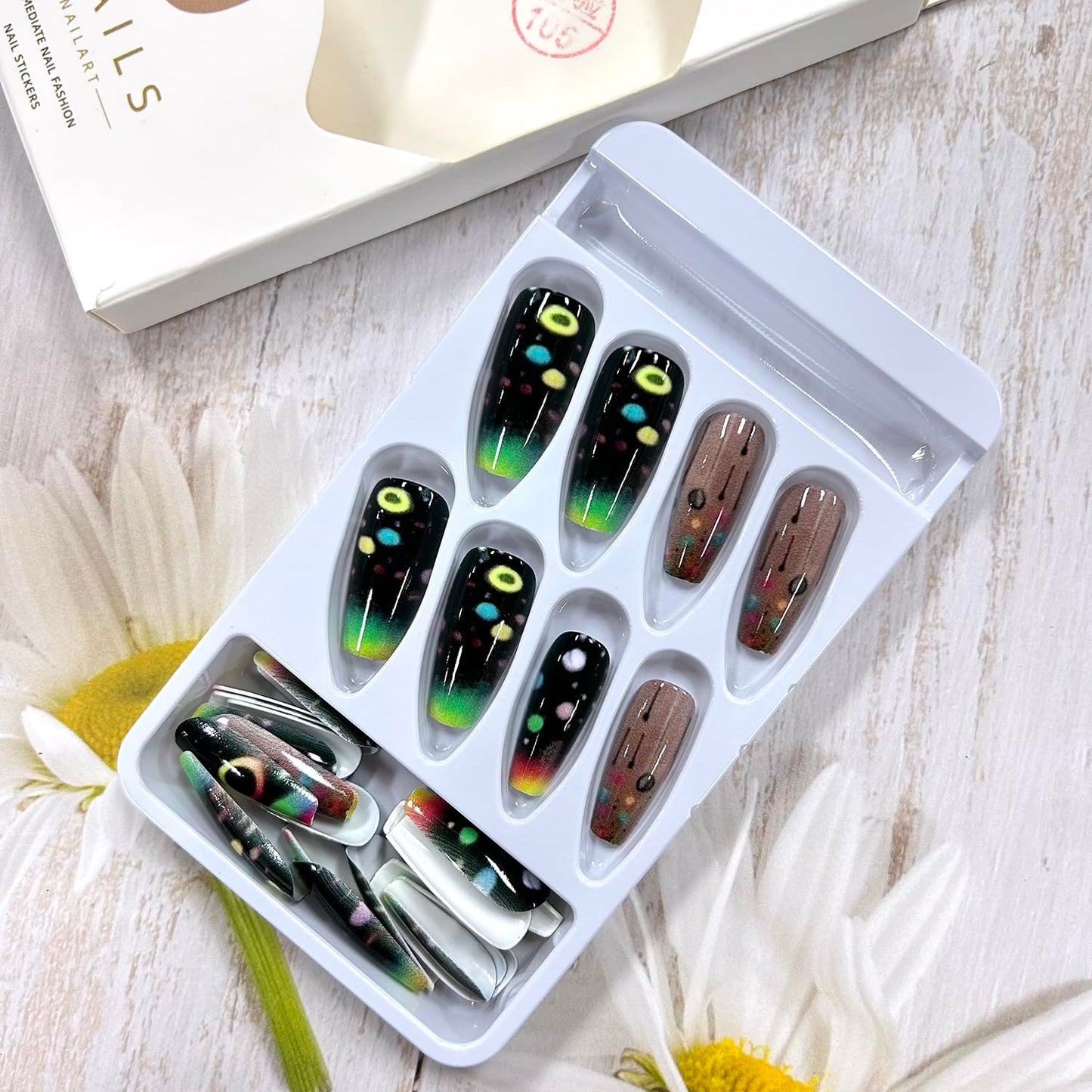 Press on Nails Medium Ballet Shaped Black False Nails Rainbow Gradient Press Nails Colorful Circle Pattern Design Artificial Nails Full Cover Stick on Nails Acrylic Glue on Nails for Women 24Pcs