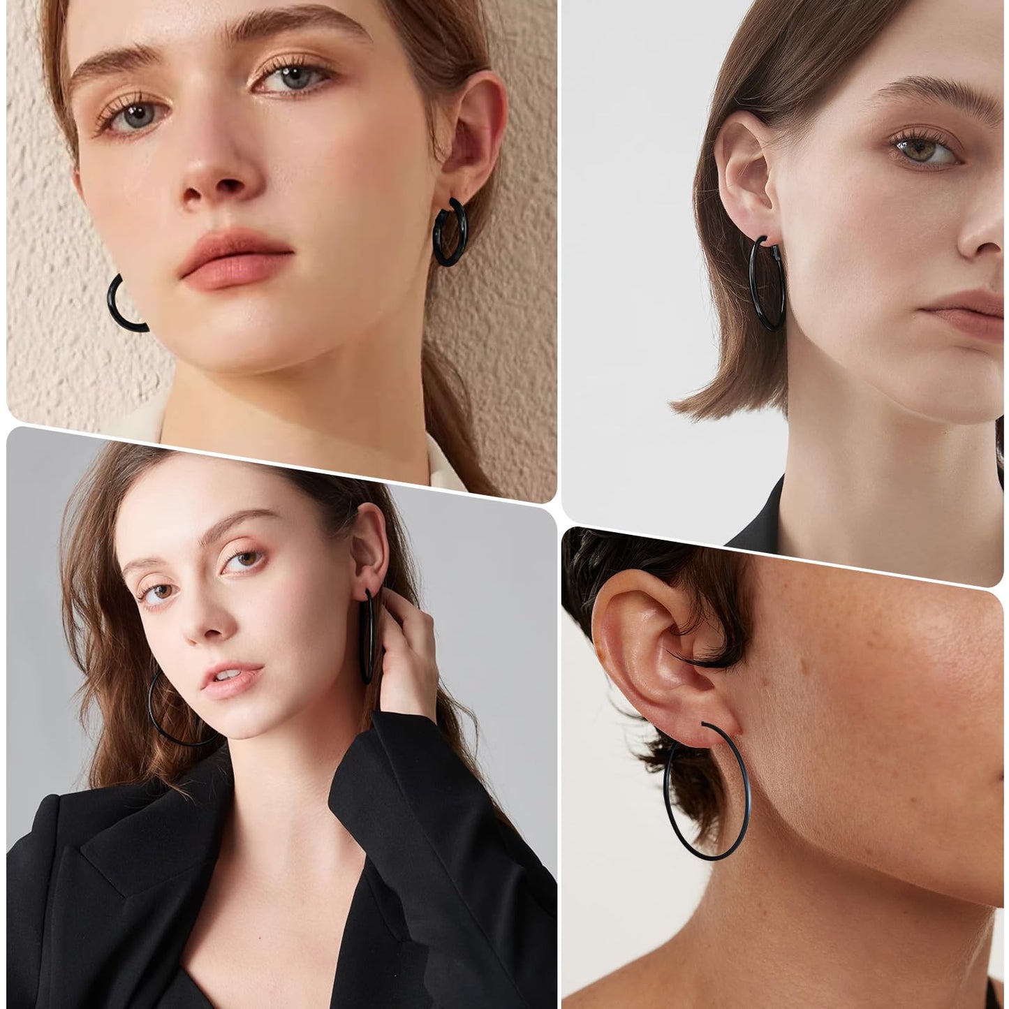 PICKBEAU Black Large Hoop Earrings for Women | 14K Plated Hypoallergenic Big Round Circle Hoops Stainless Steel Womens Loop Dangle Earrings Set (30/40/50/60mm)