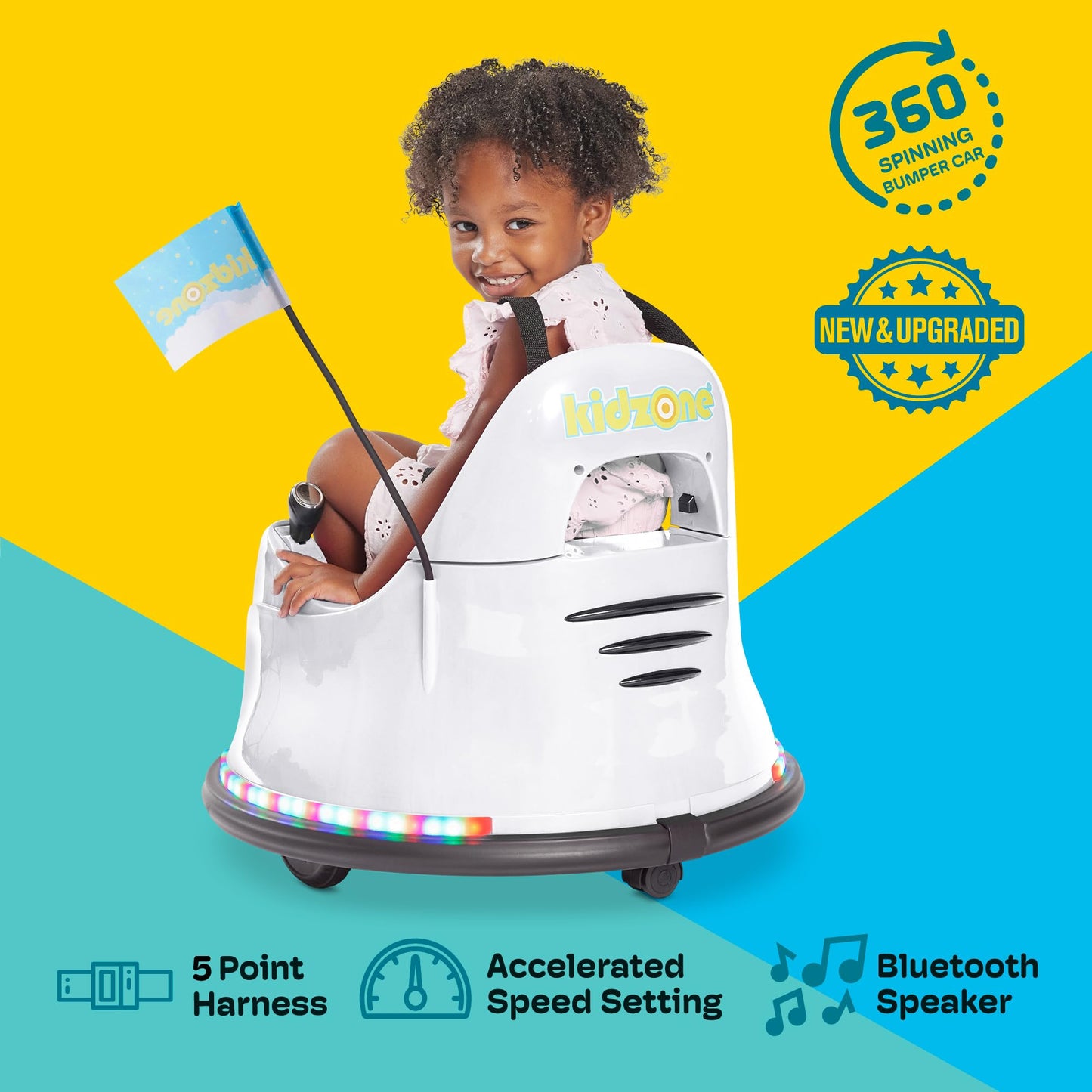Kidzone Smart Bumper Car for Toddler & Kids 1.5-6 Years Old, 12V 2-Speeds Electric Ride On Bumping Toy Gifts W/Remote Control, APP Control, LED Lights, Bluetooth, 360°Spin and DIY Sticker,White
