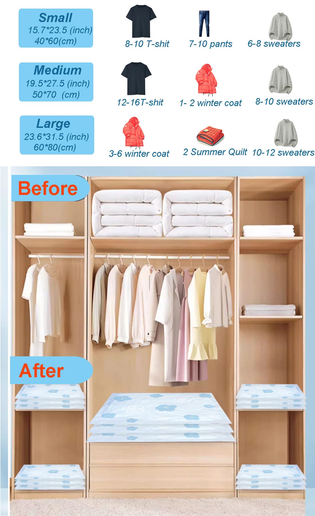 Vacuum Storage Bags for Clothing, 9 Pack Vacuum Seal Bags for Travel, 3 Sizes Compression Packing Bags 80% Space Saver for Suitcase Luggage, Bedding & Seasonal Storage