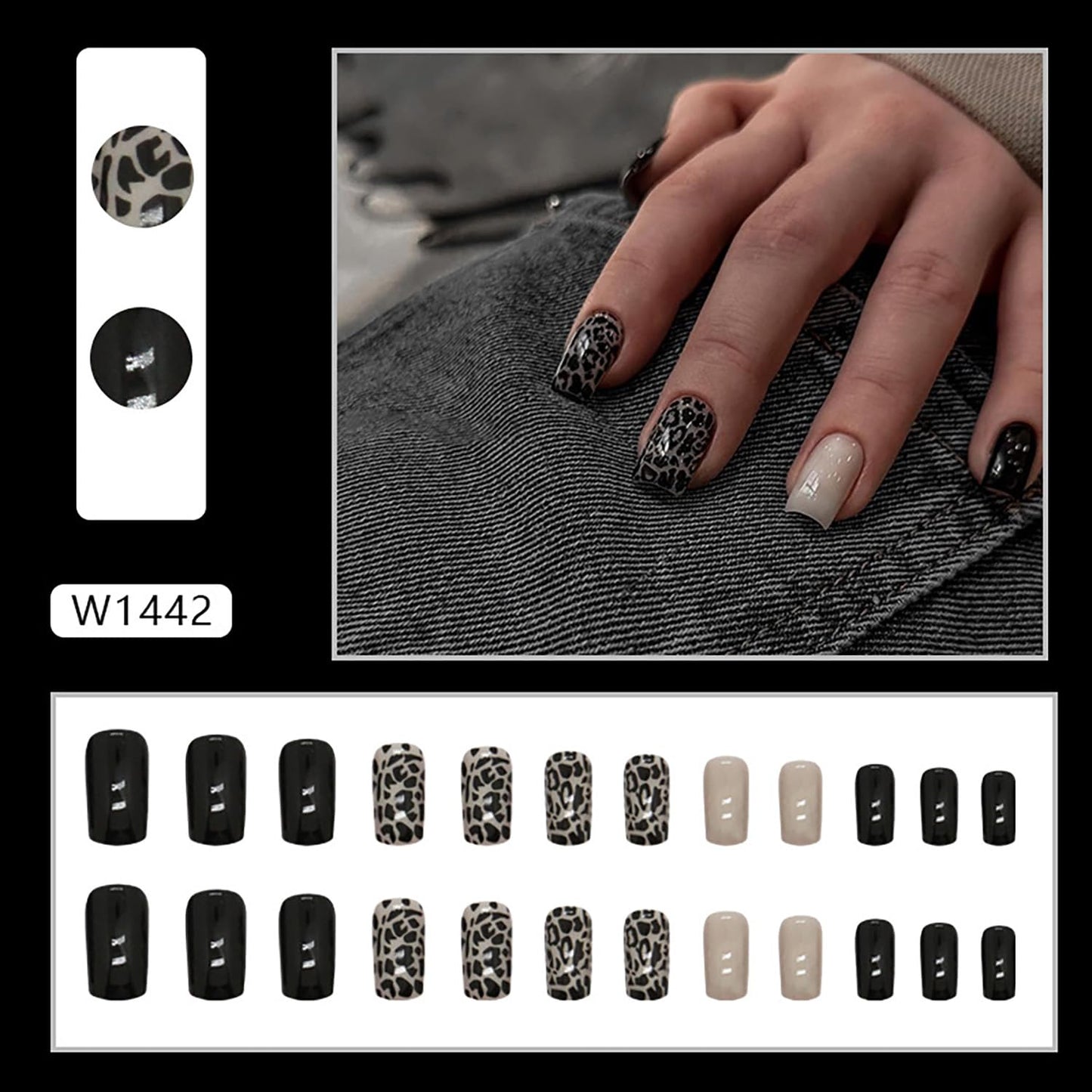 Press on Nails Square Medium Black 24Pcs Glossy Full Cover Artificial Fake Nails with Leopard Designs Reusable Coffin Acrylic False Nails Glue on Fingernails with Charm for Women Girls