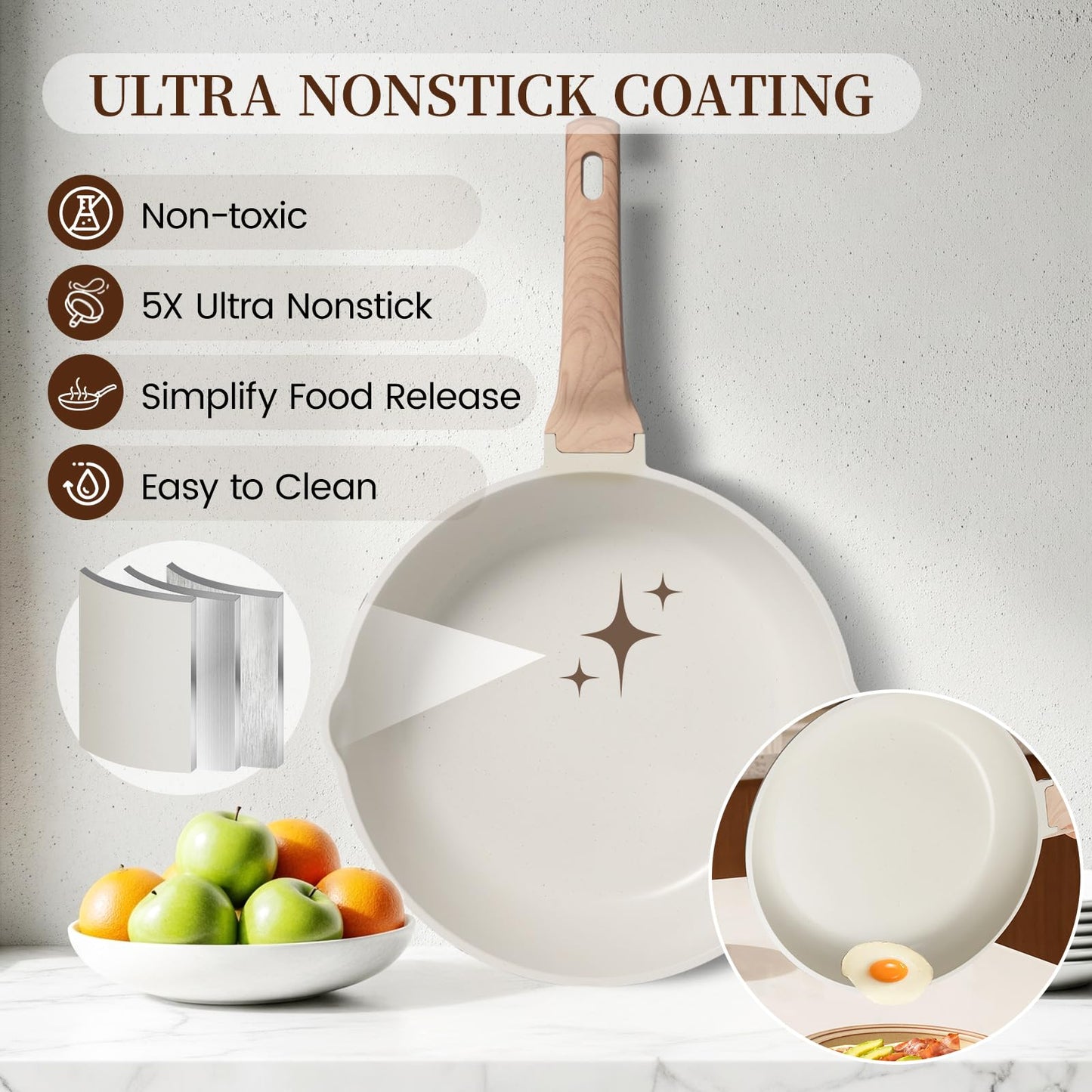 Kikcoin 16Pcs Ceramic Pots and Pans Set Non Stick, Includes a 9.5" Grill Pan, Induction Kitchen Cookware Sets, White Nonstick RV Kitchen Camping Cooking Sets Stackable (PTFE, PFOS, PFOA Free)