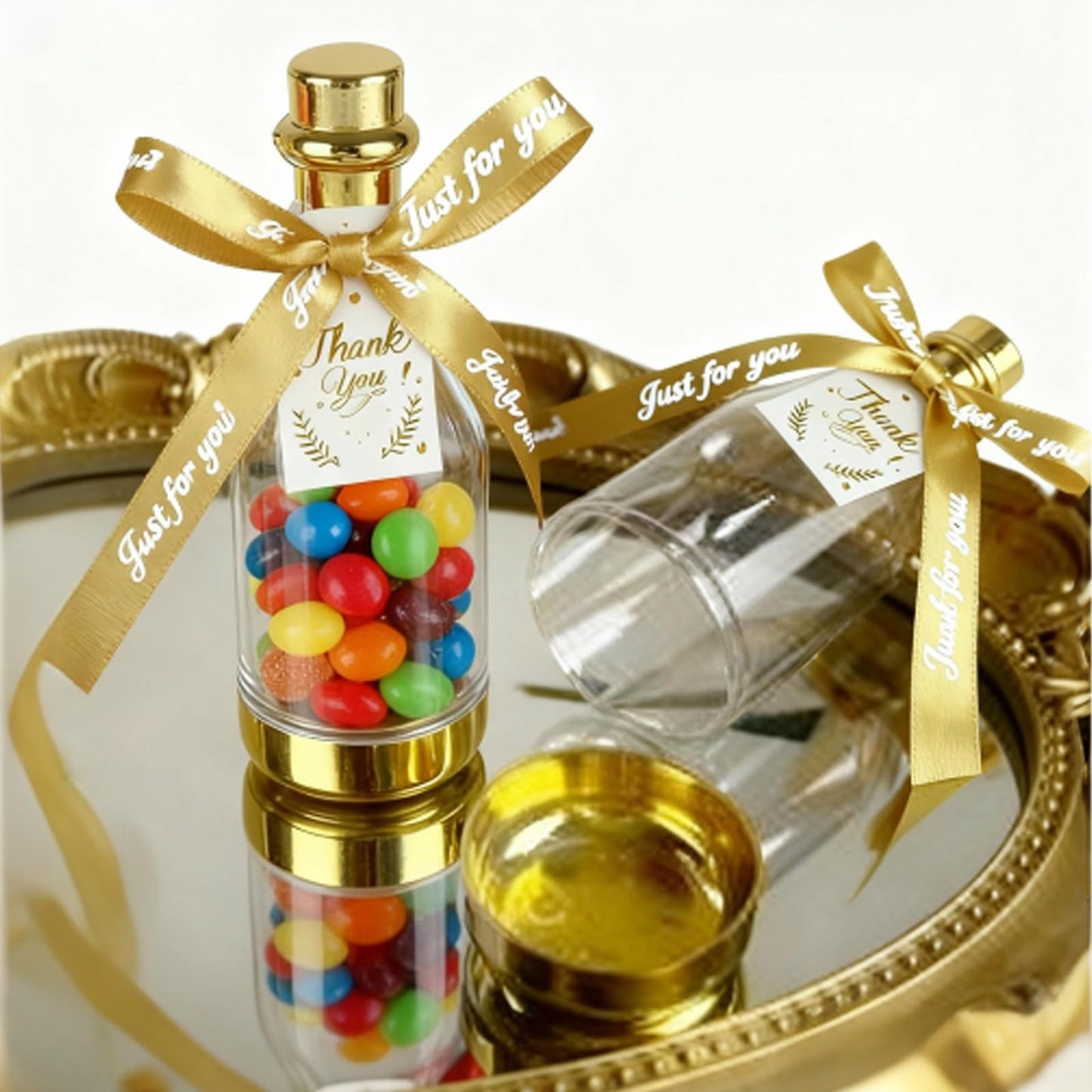 LOLYSIC 36PCS Mini Champagne Bottle Candy Container Shaped Jars Gold Plastic DIY Favor Candy Bottle Wedding Party Favor Containers, Comes with Card and Bow Ribbon